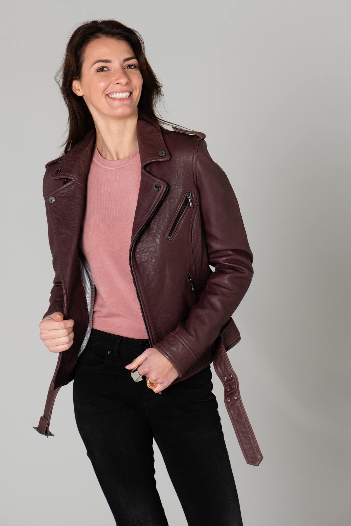 Fig-colored belted Biker Jacket - Image n°4