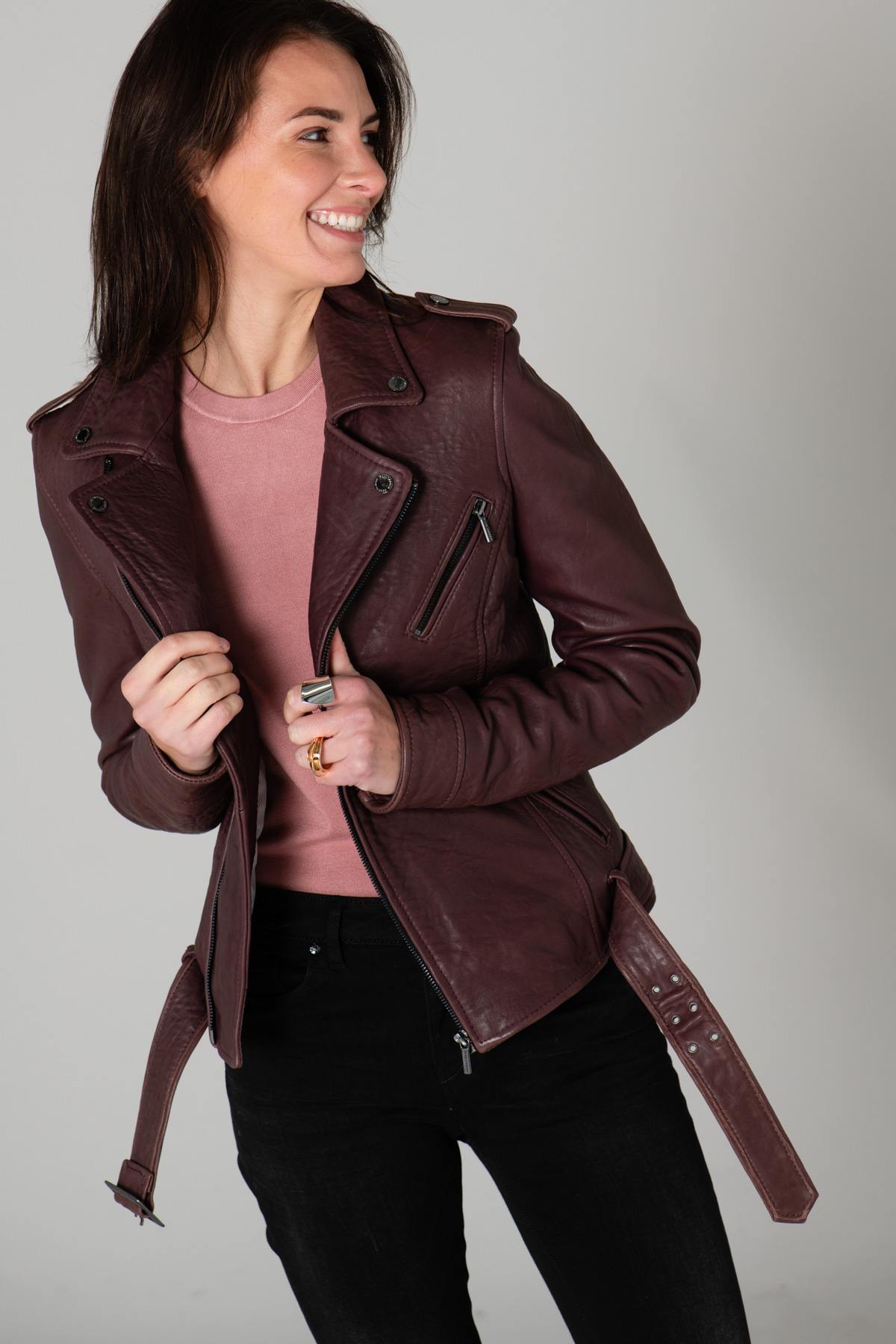 Fig-colored belted Biker Jacket - Image n°1