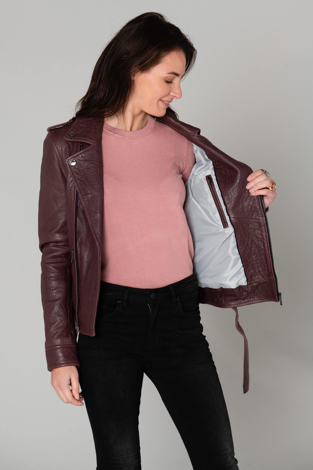 Fig-colored belted Biker Jacket - Image n°5