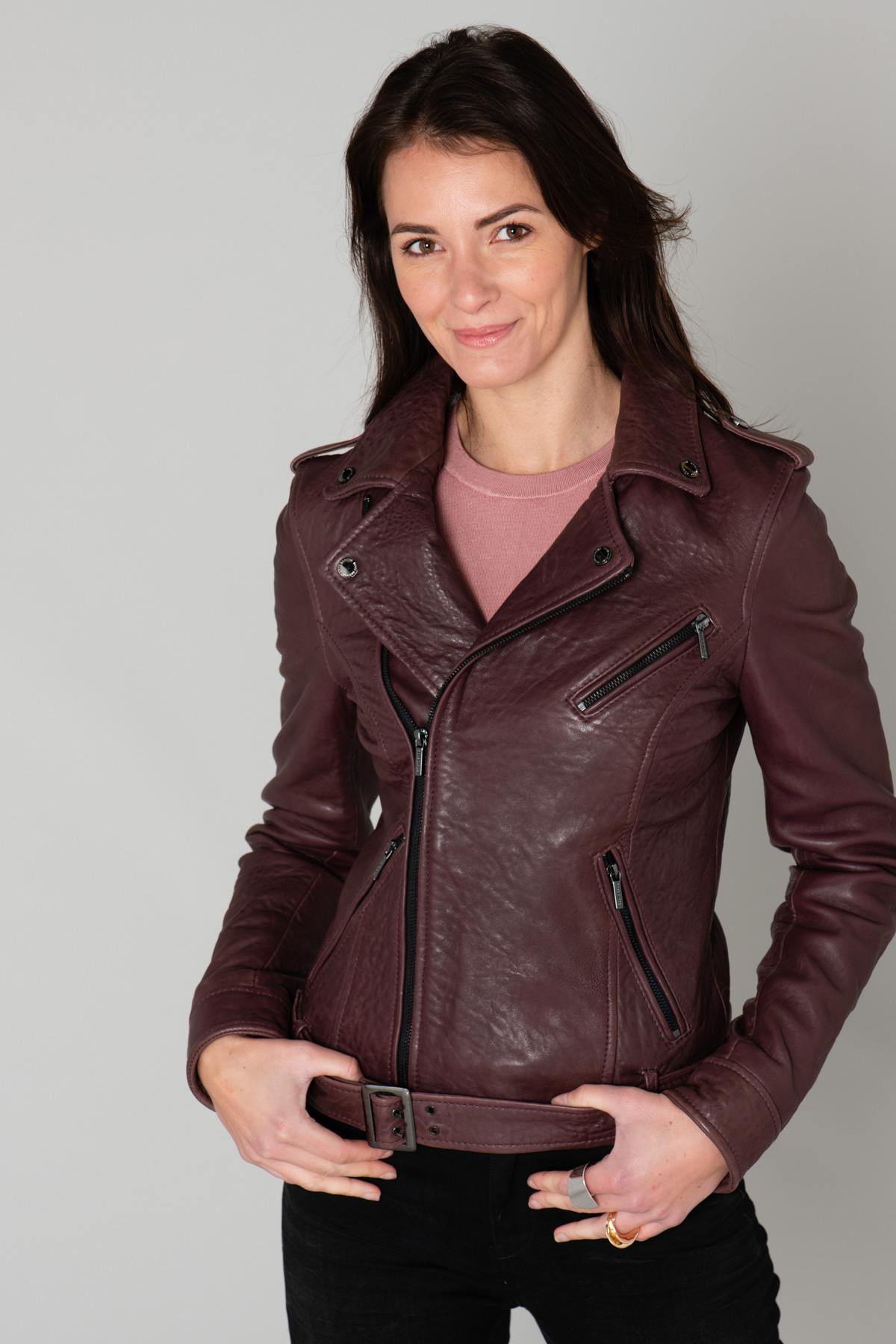 Fig-colored belted Biker Jacket - Image n°7