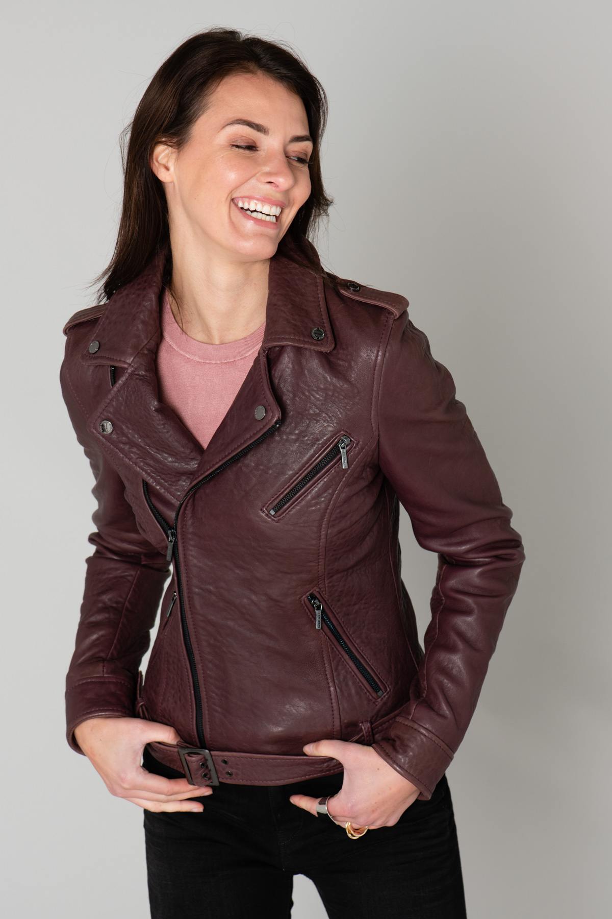 Fig-colored belted Biker Jacket - Image n°3