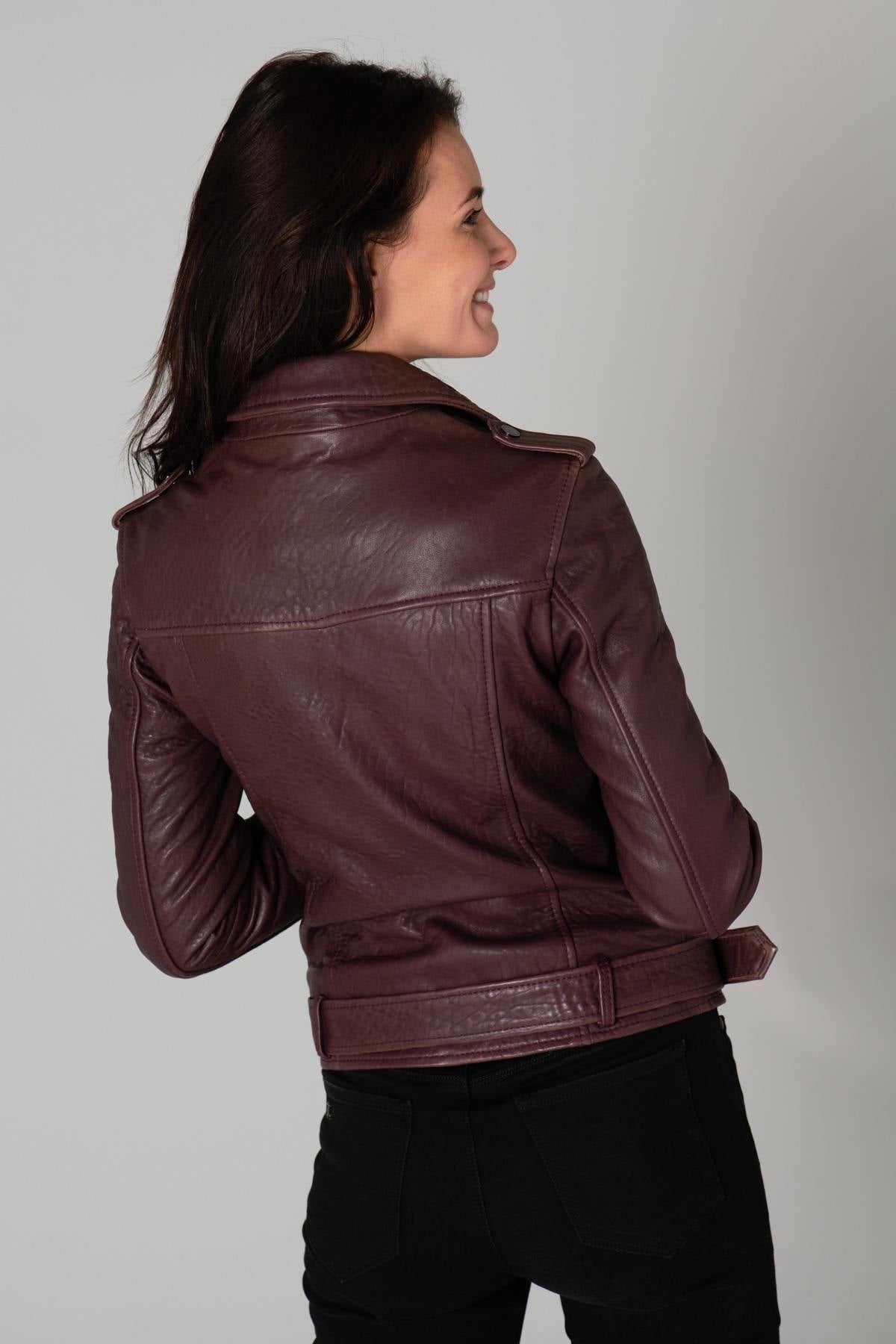 Fig-colored belted Biker Jacket - Image n°6