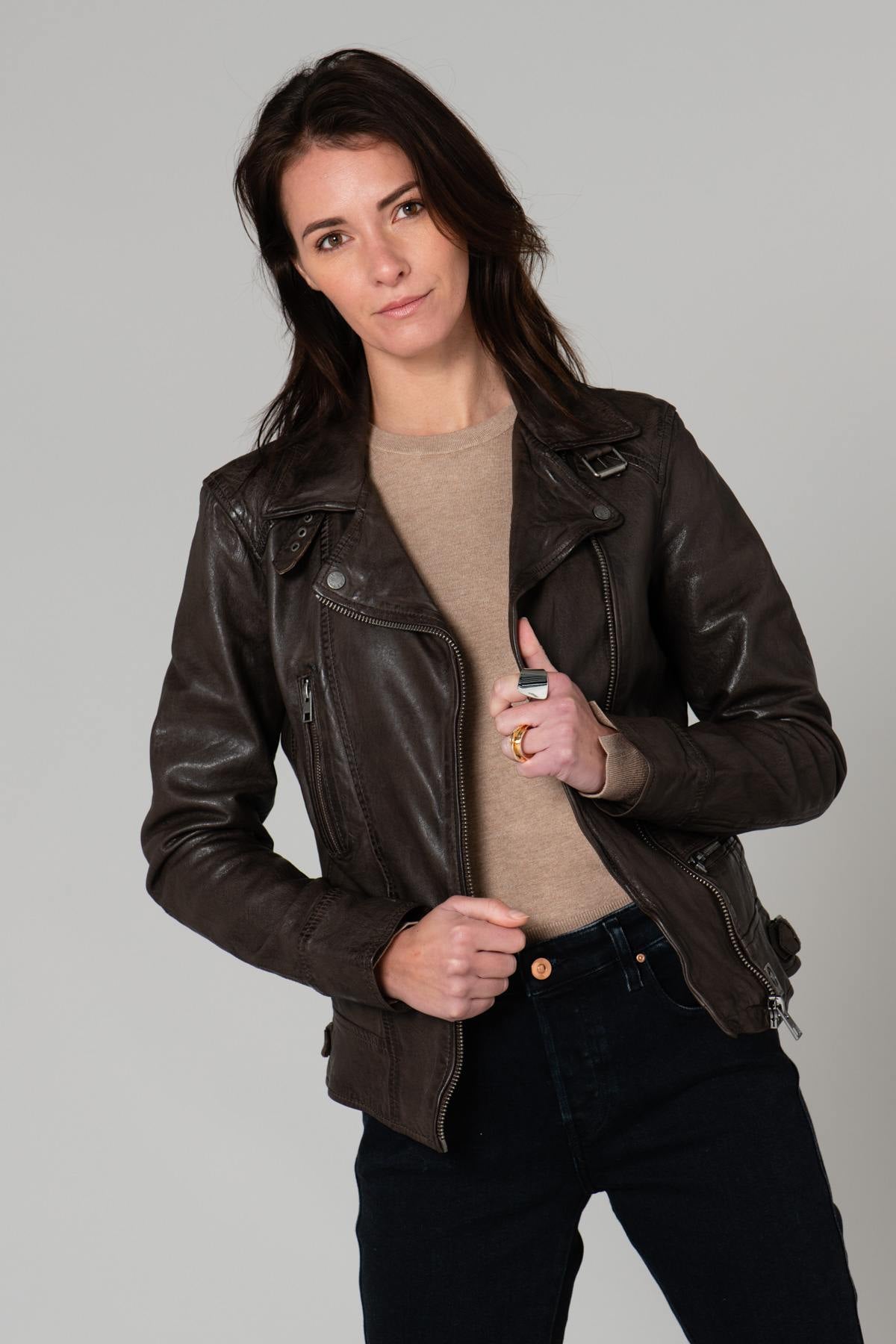 Mid-length brown Biker Jacket - Image n°5