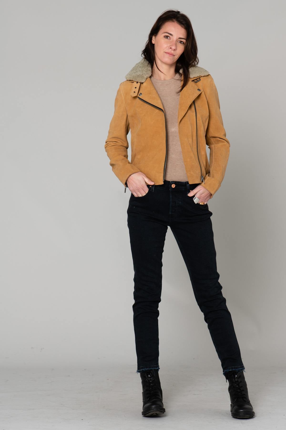 Nubuck velvet Biker Jacket with fur collar - Image n°2