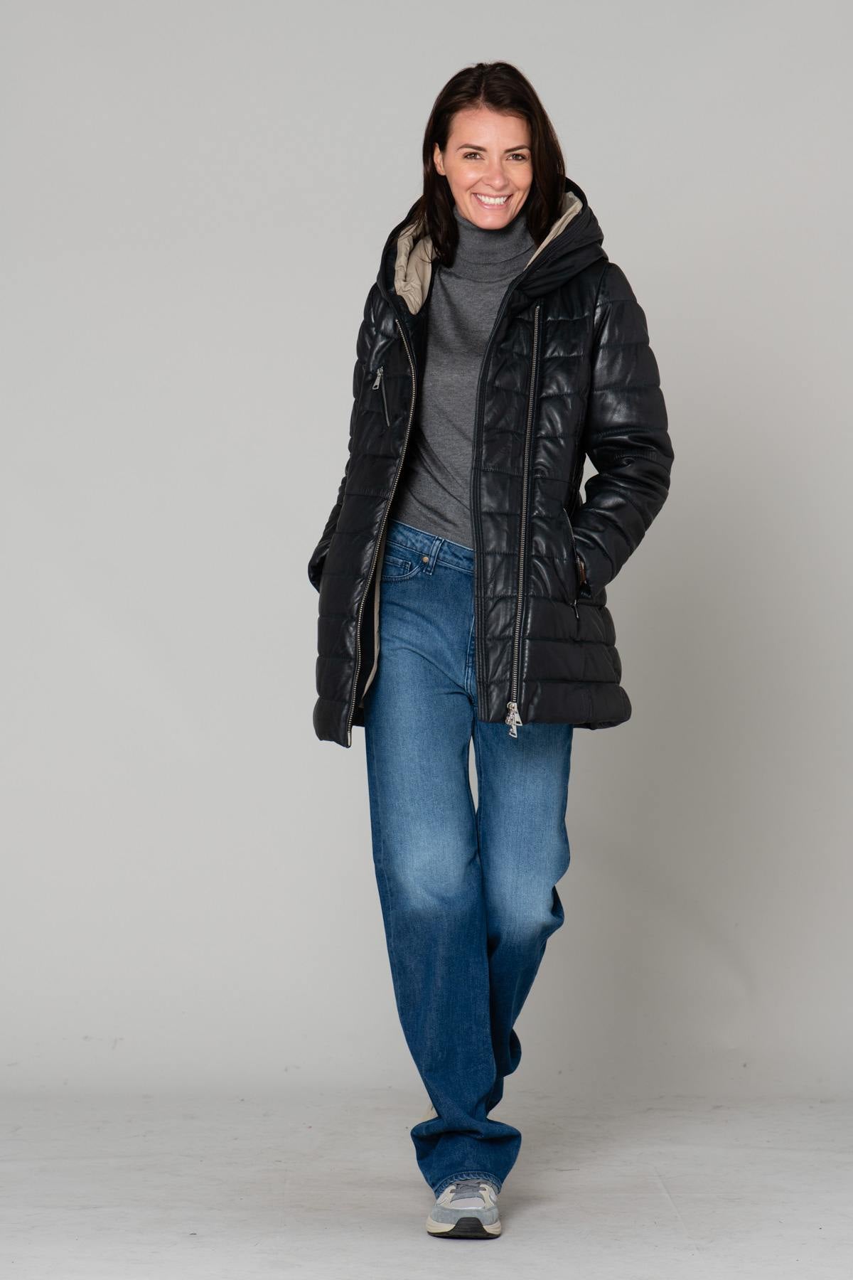 Long navy blue leather down jacket - Image n°2