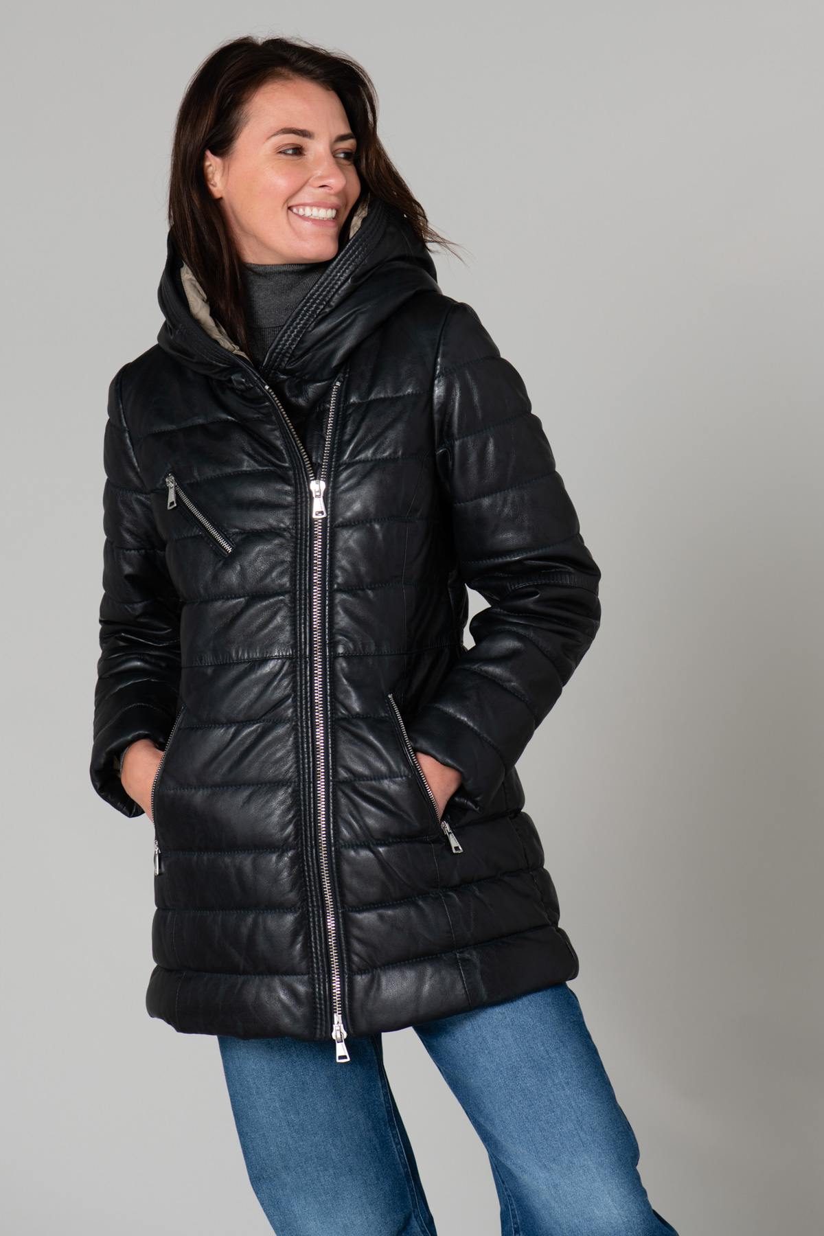 Long navy blue leather down jacket - Image n°1