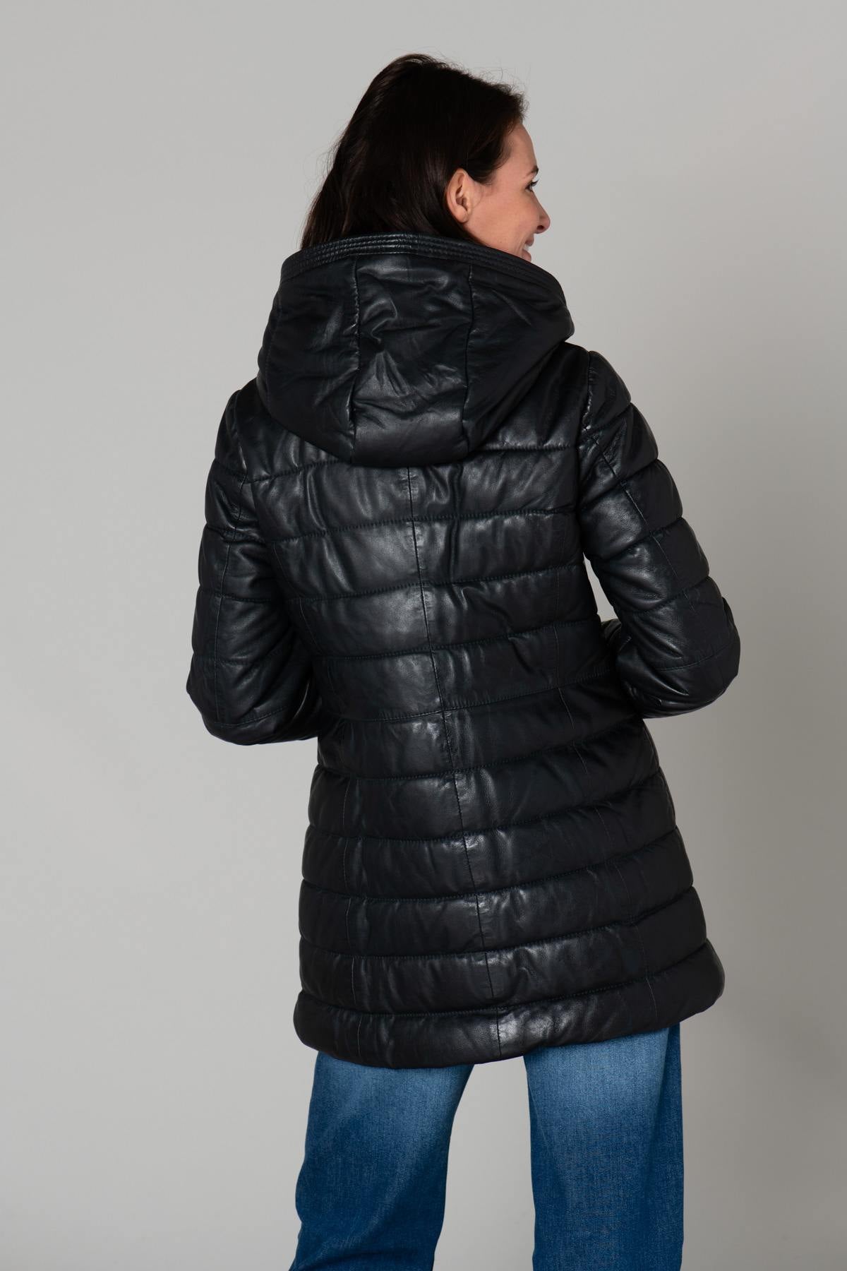 Long navy blue leather down jacket - Image n°6