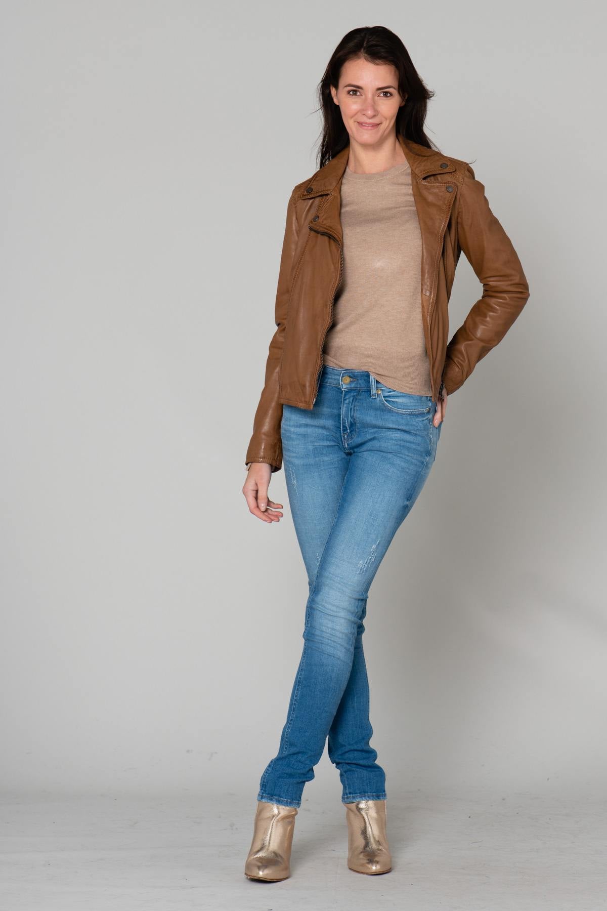 Women's cognac leather Biker Jacket - Image n°2