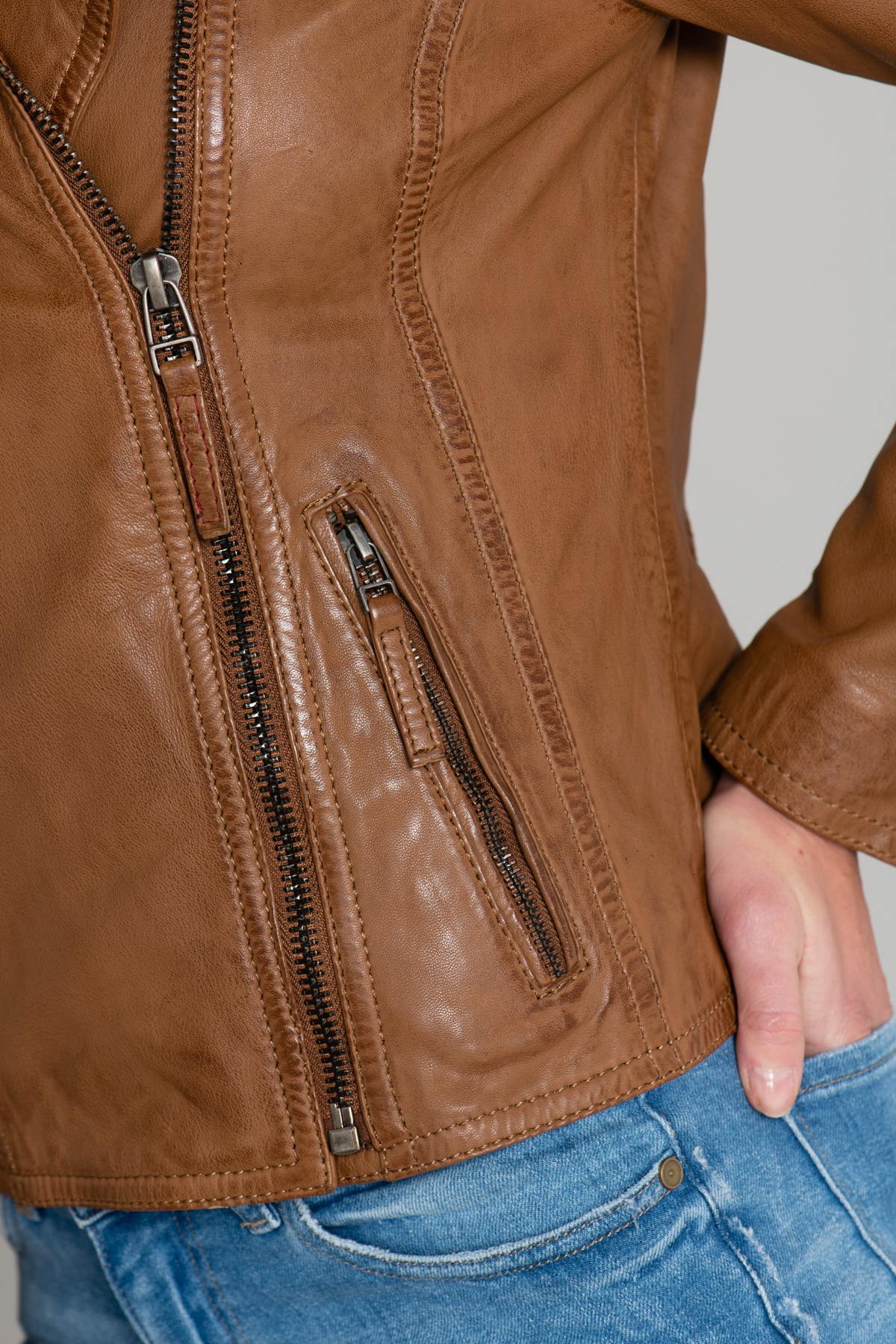 Women's cognac leather Biker Jacket - Image n°8