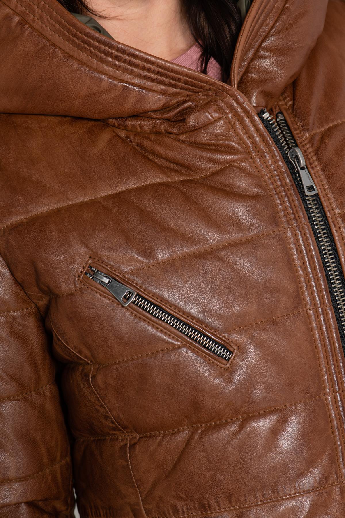 Mid-length down jacket in cognac leather - Image n°8