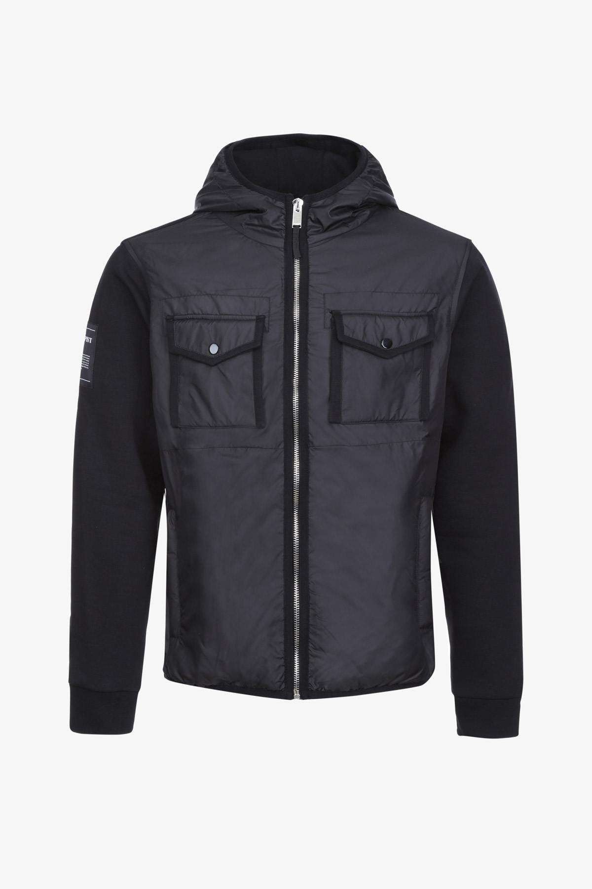 Zipped, bi-material hooded jacket - Image n°1