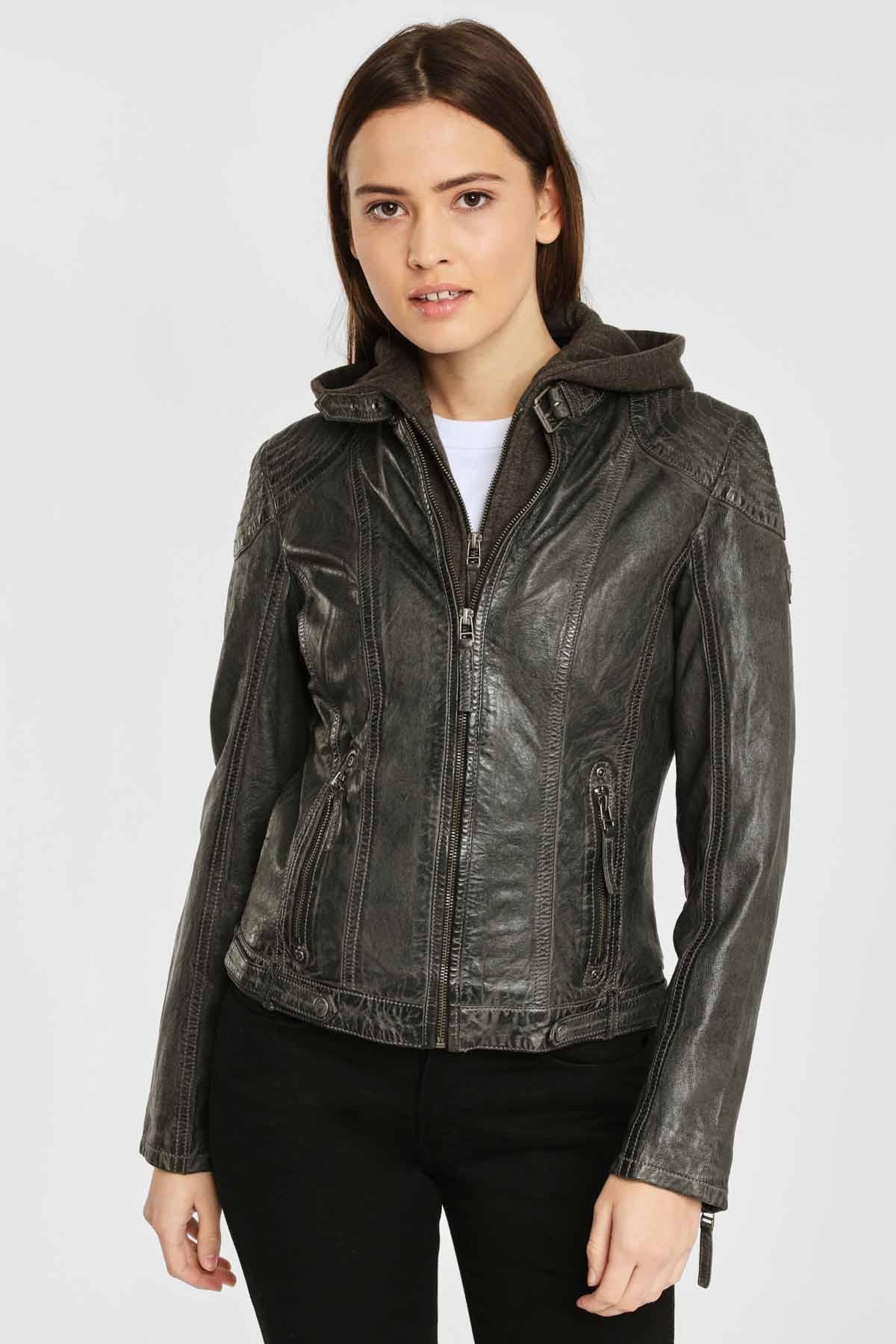 Anthracite leather jacket with removable hood - Image n°1