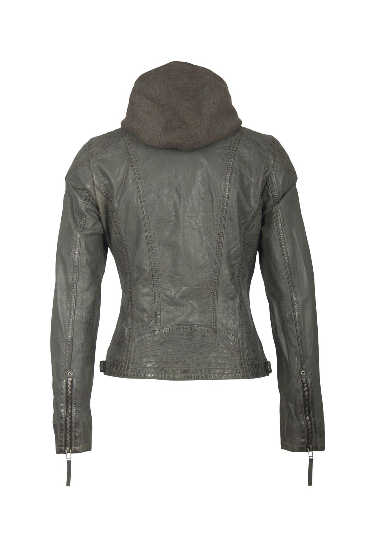 Anthracite leather jacket with removable hood - Image n°7