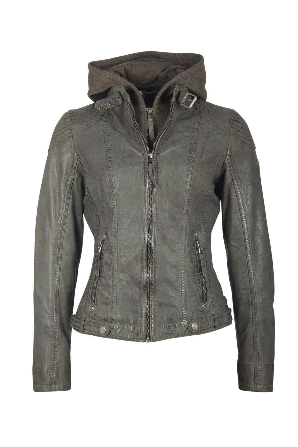 Anthracite leather jacket with removable hood - Image n°6