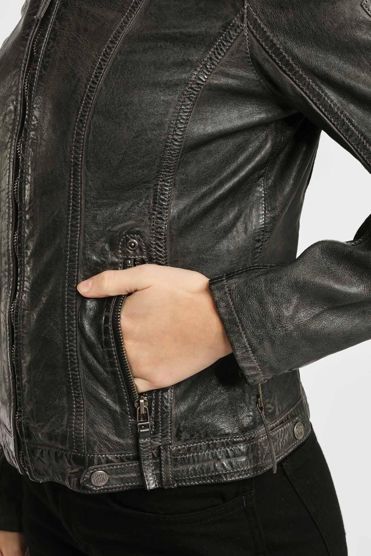 Anthracite leather jacket with removable hood - Image n°5