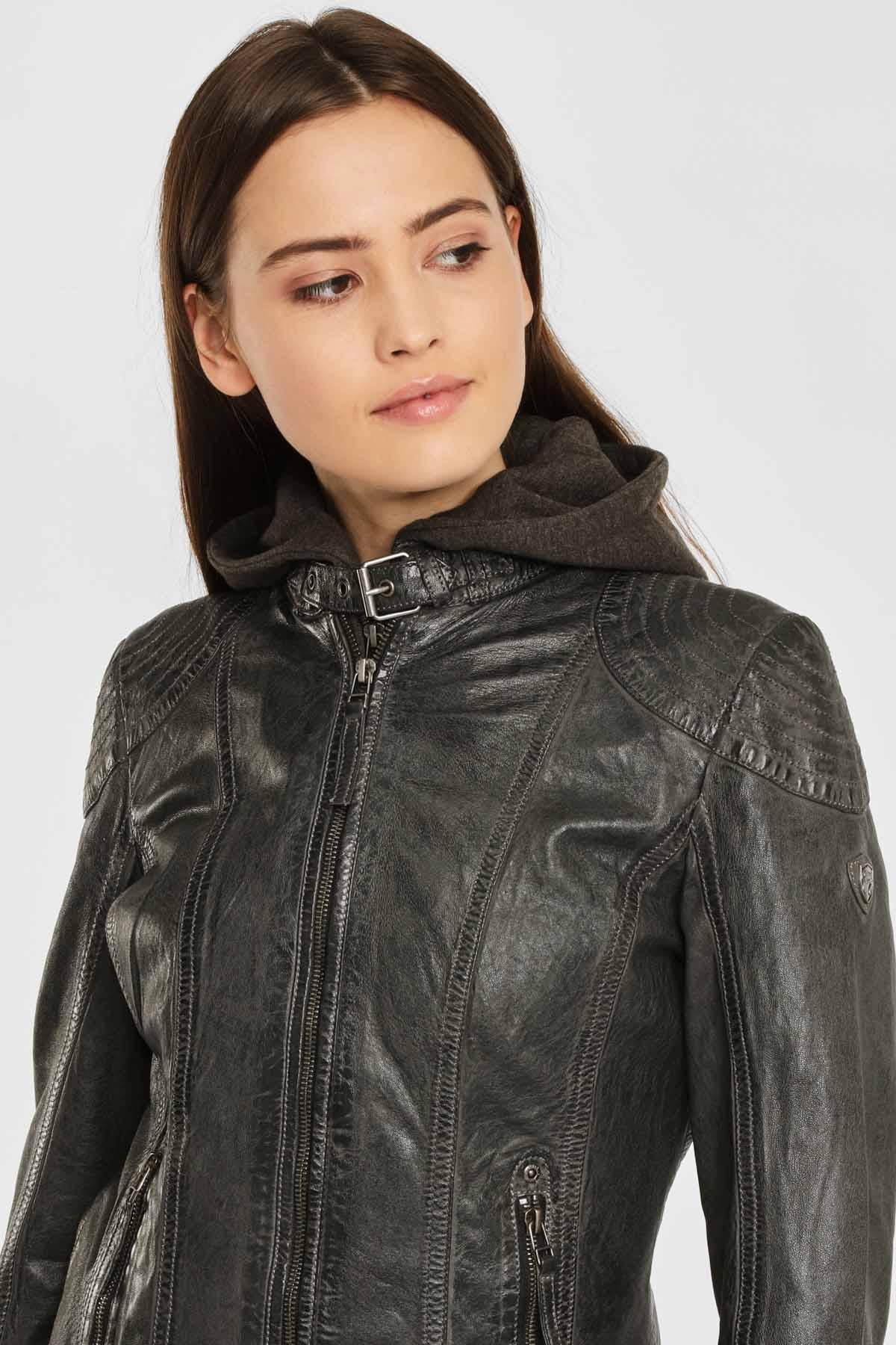 Anthracite leather jacket with removable hood - Image n°4