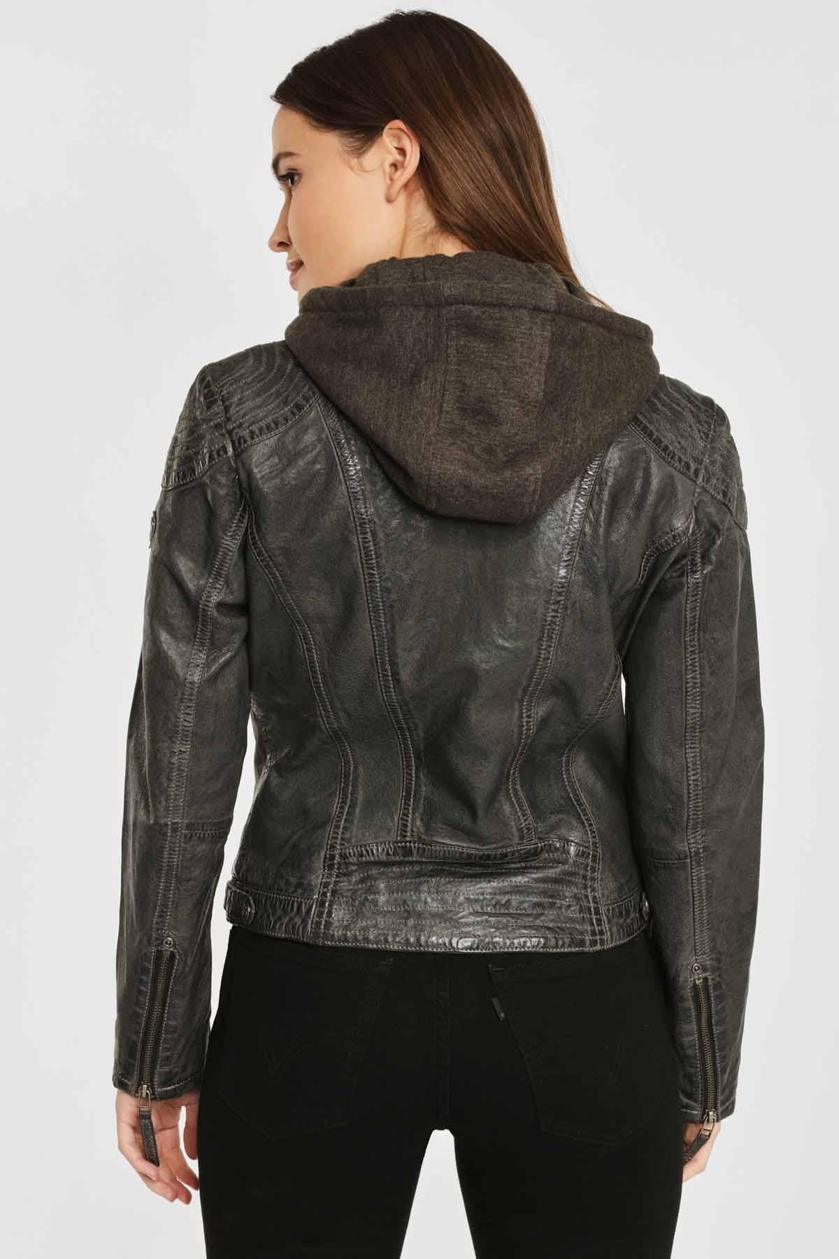 Anthracite leather jacket with removable hood - Image n°3