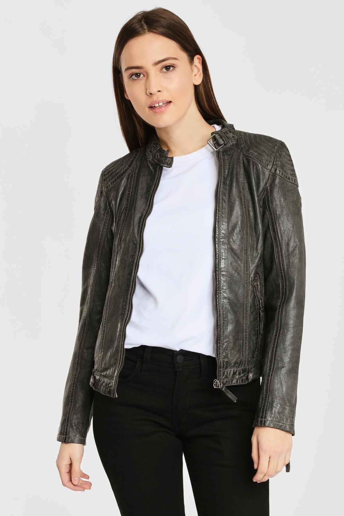 Anthracite leather jacket with removable hood - Image n°2