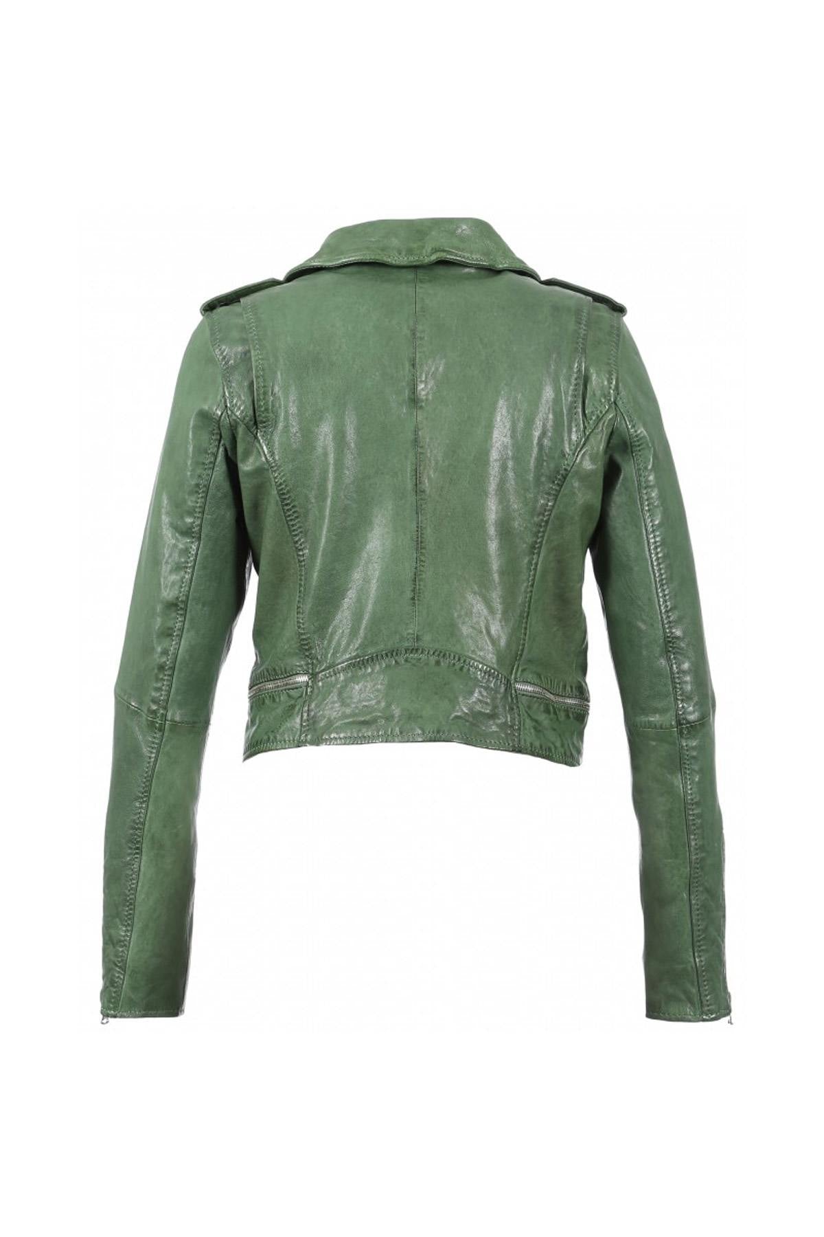 Short green leather Biker Jacket - Image n°17