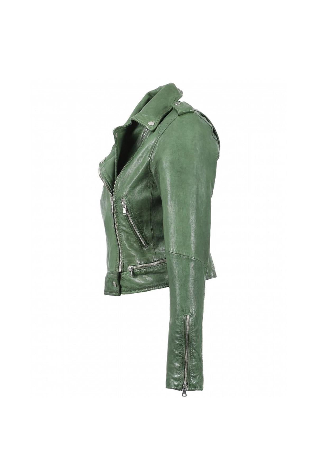 Short green leather Biker Jacket - Image n°18