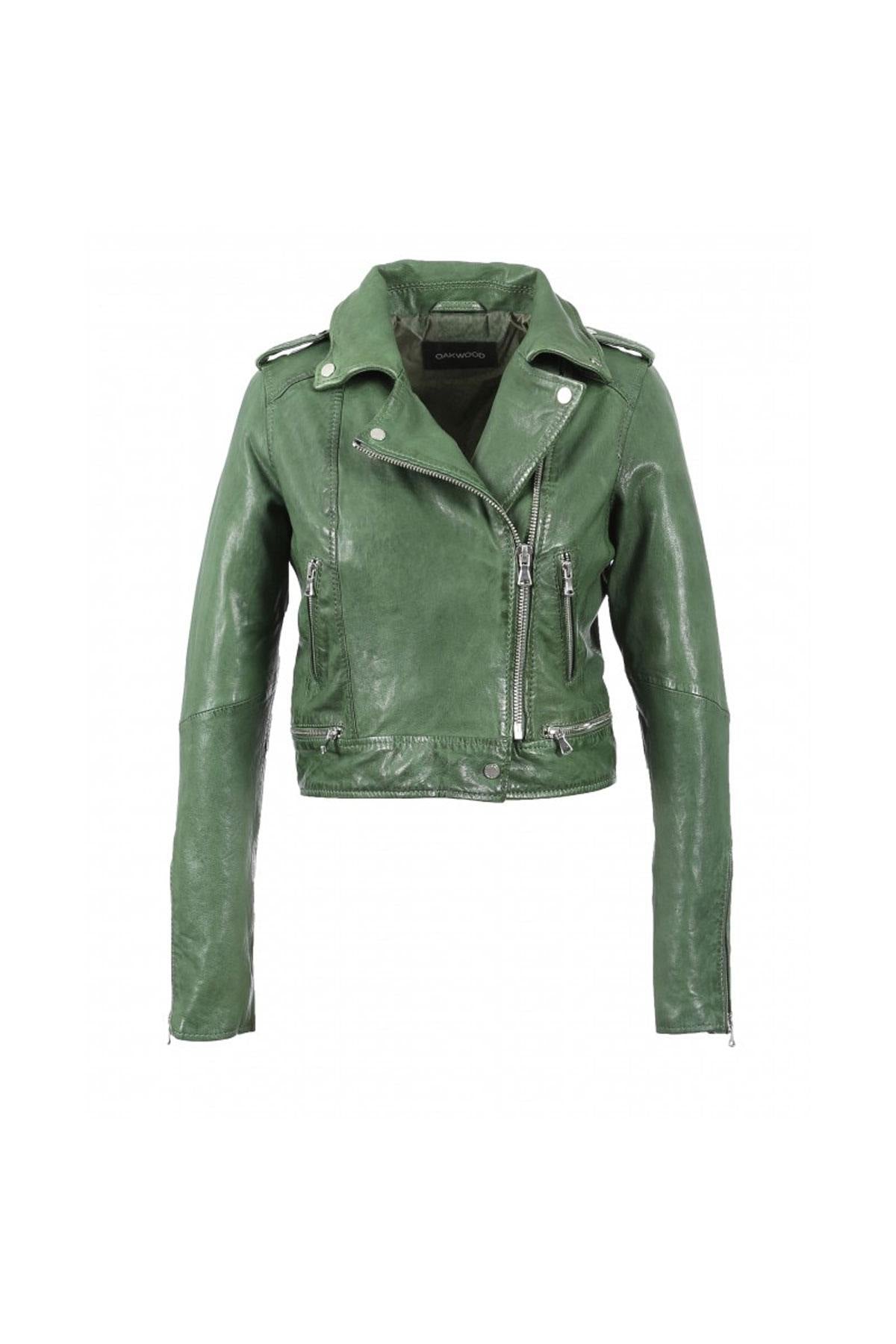 Short green leather Biker Jacket - Image n°16