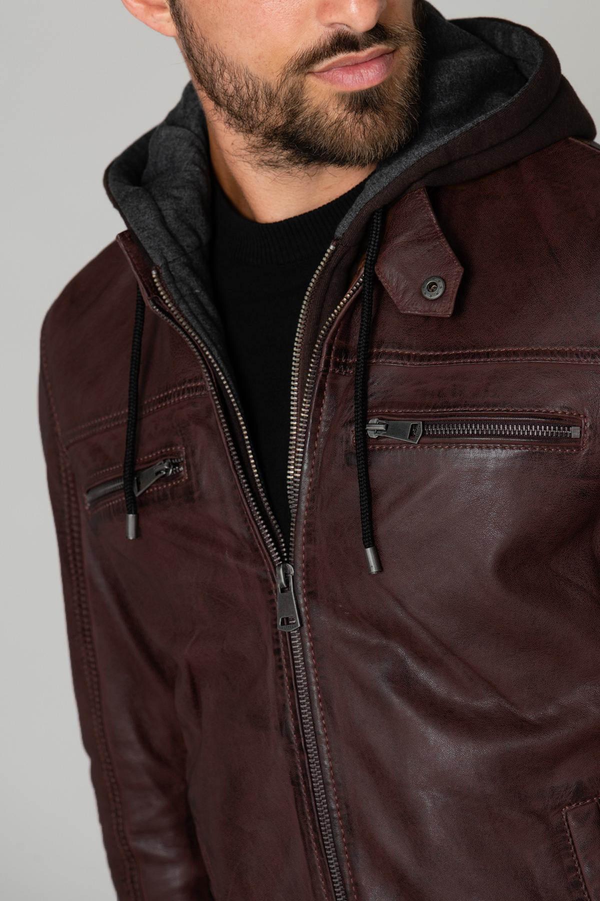 Brown leather jacket with removable hood - Image n°6