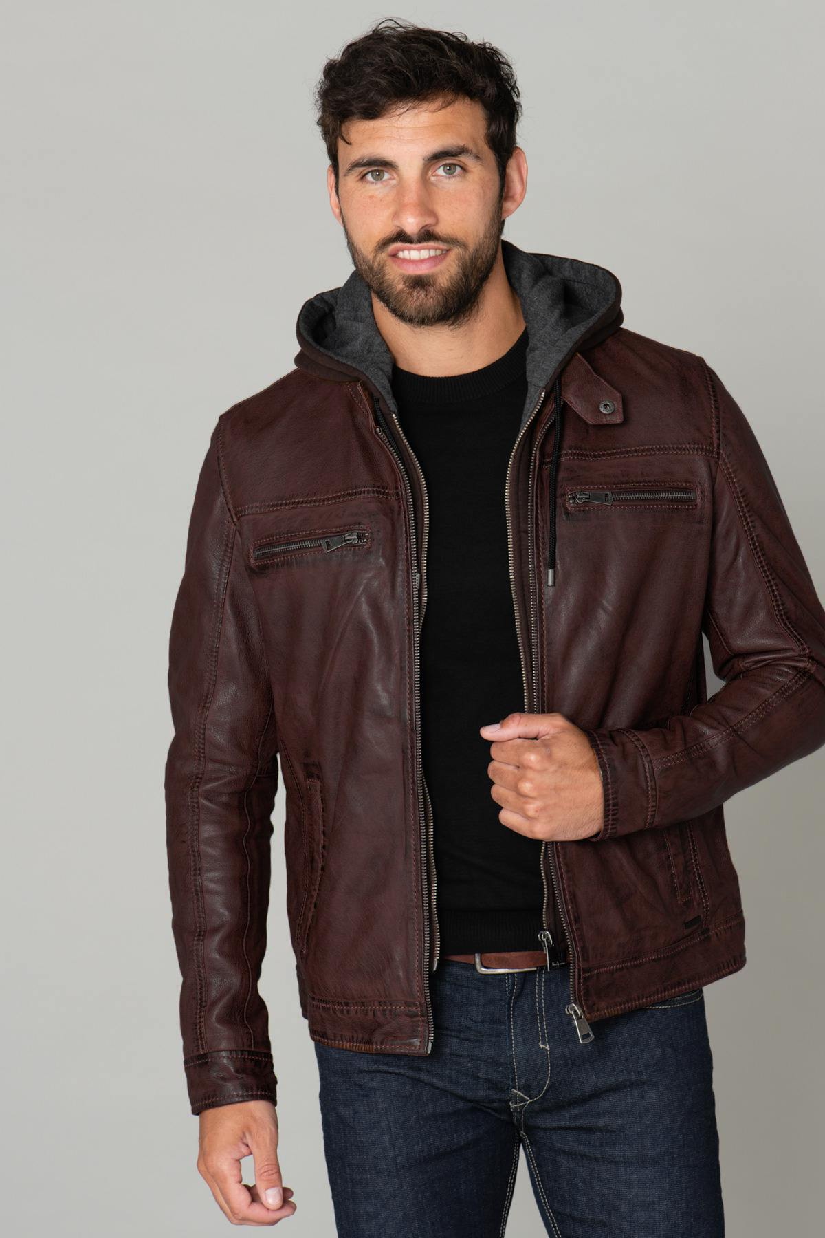 Brown leather jacket with removable hood - Image n°1