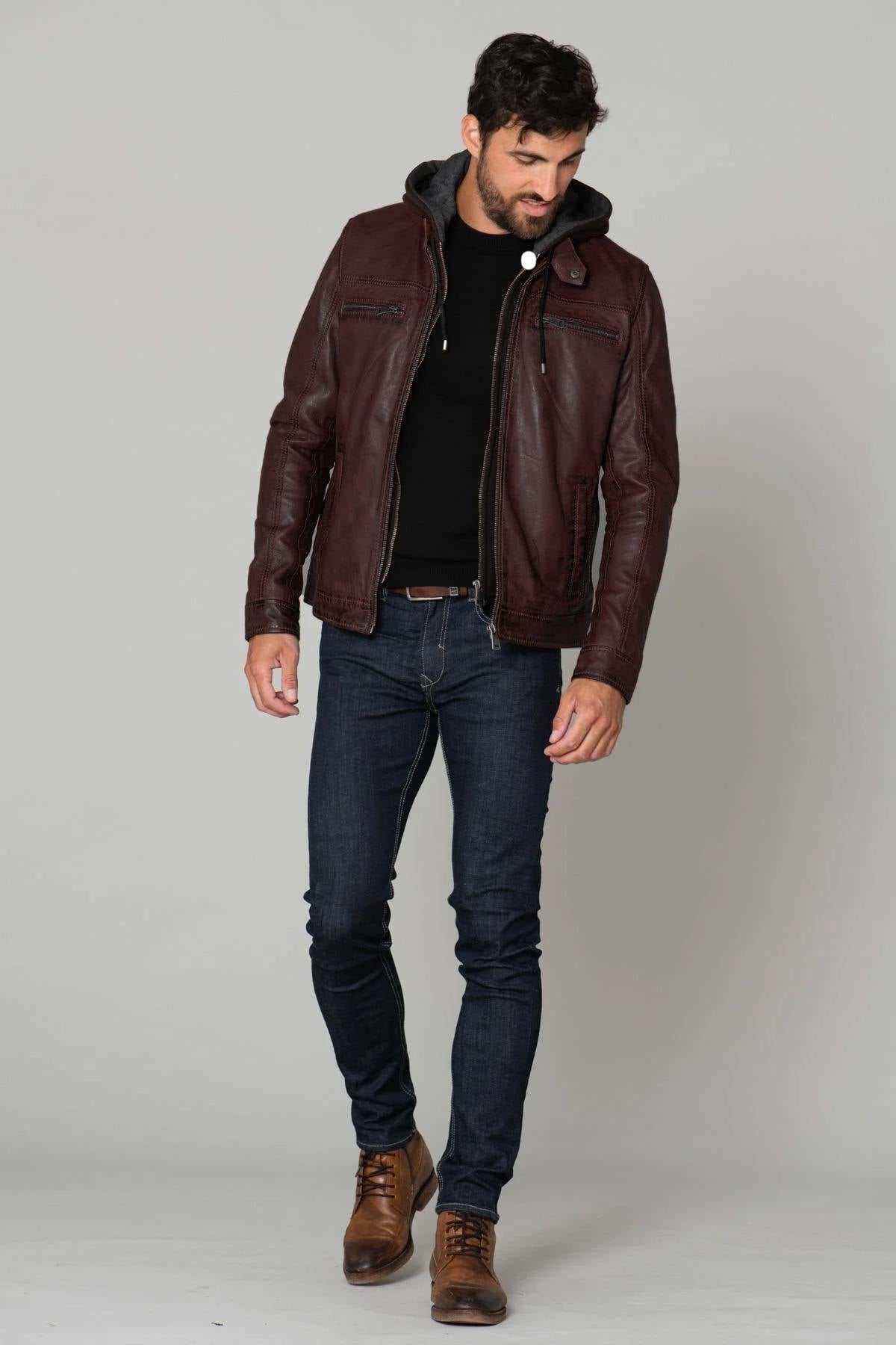 Brown leather jacket with removable hood - Image n°2