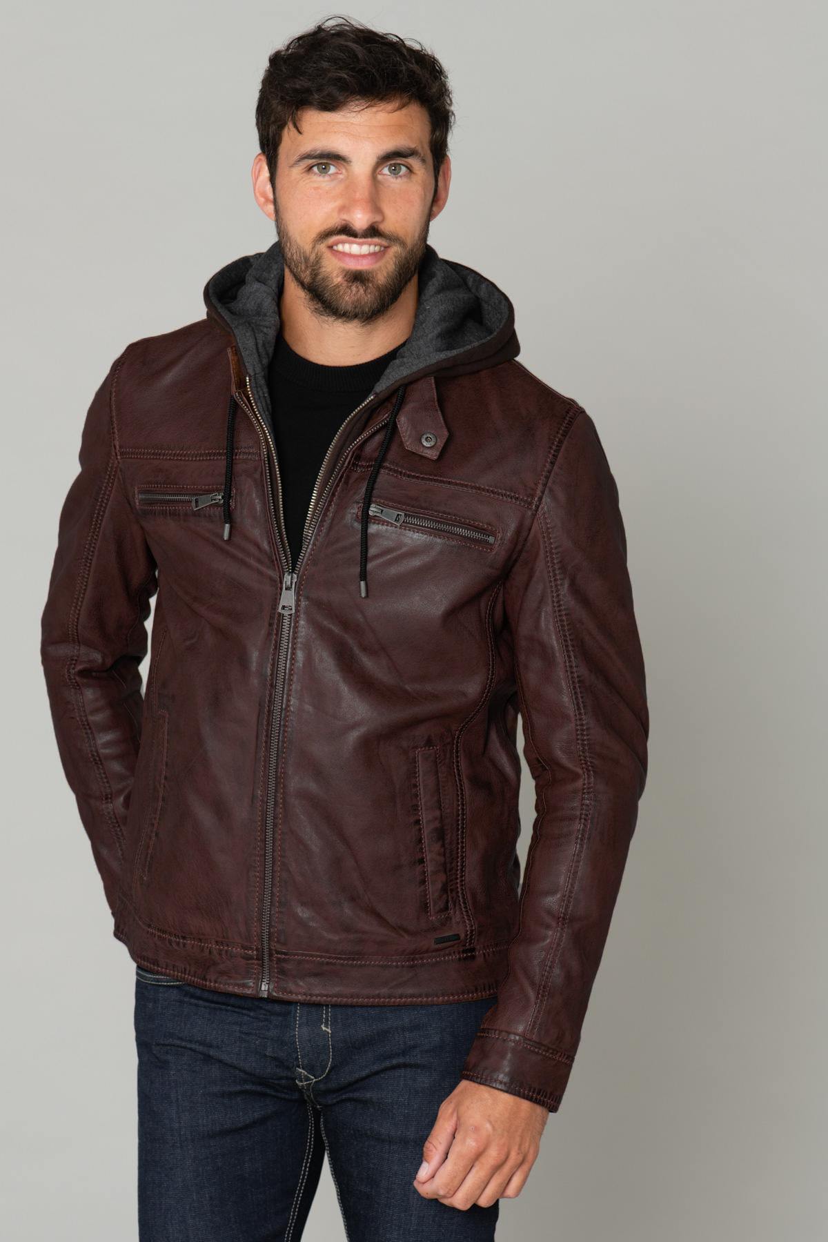 Brown leather jacket with removable hood - Image n°3