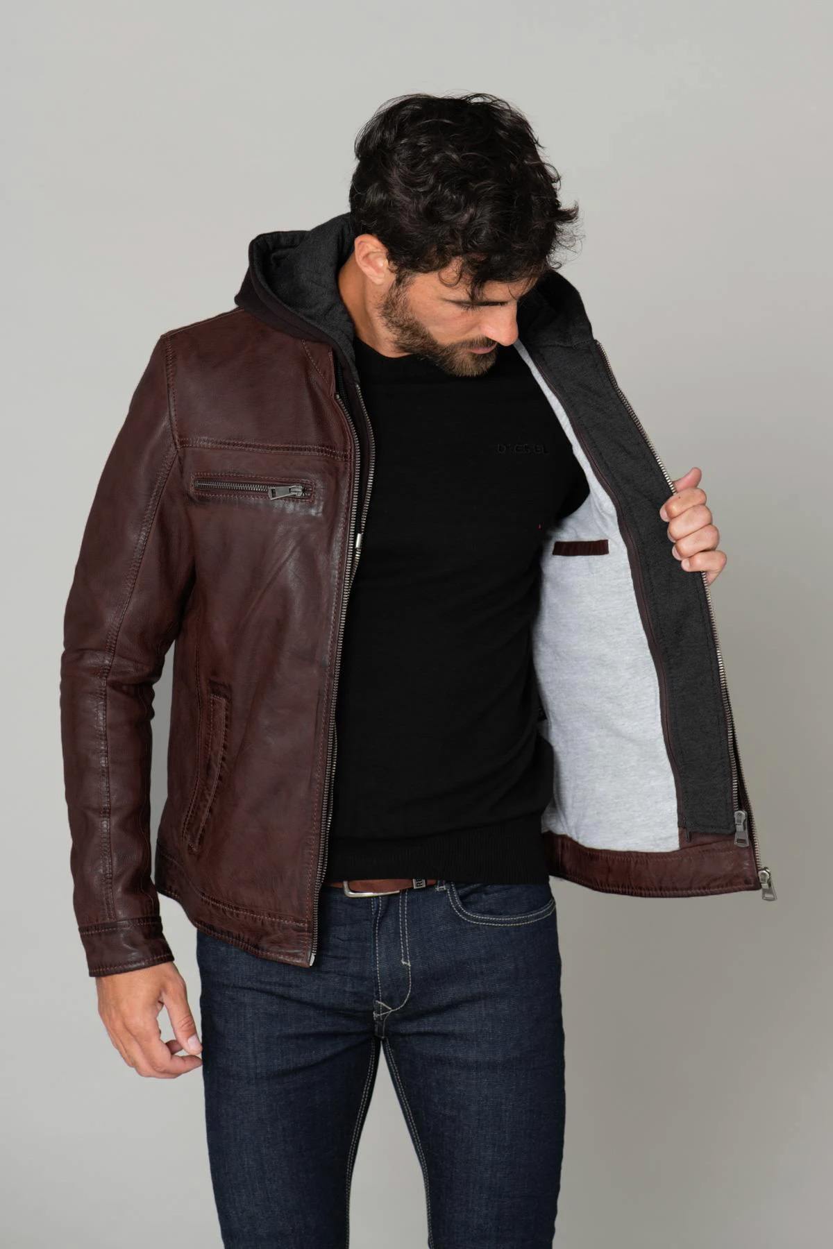 Brown leather jacket with removable hood - Image n°4