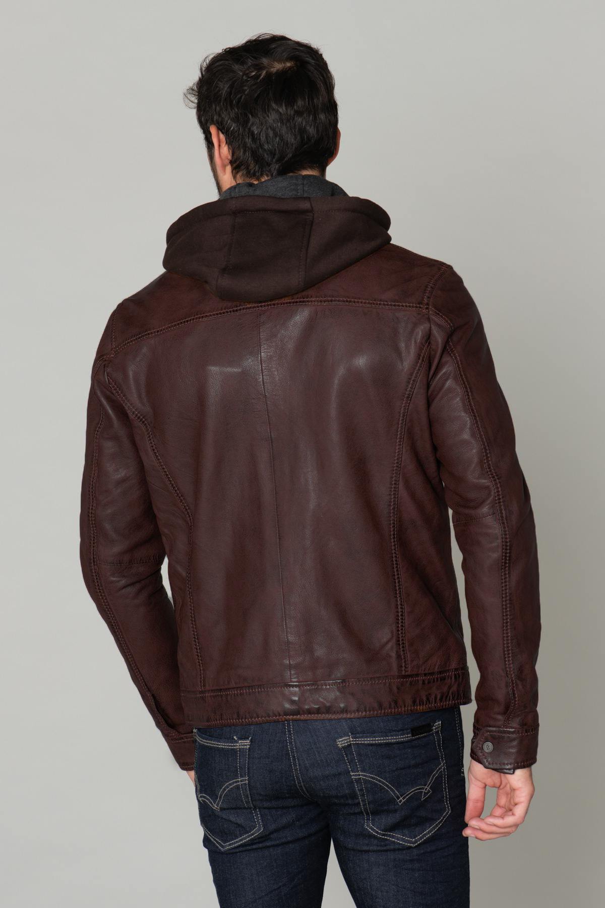 Brown leather jacket with removable hood - Image n°5