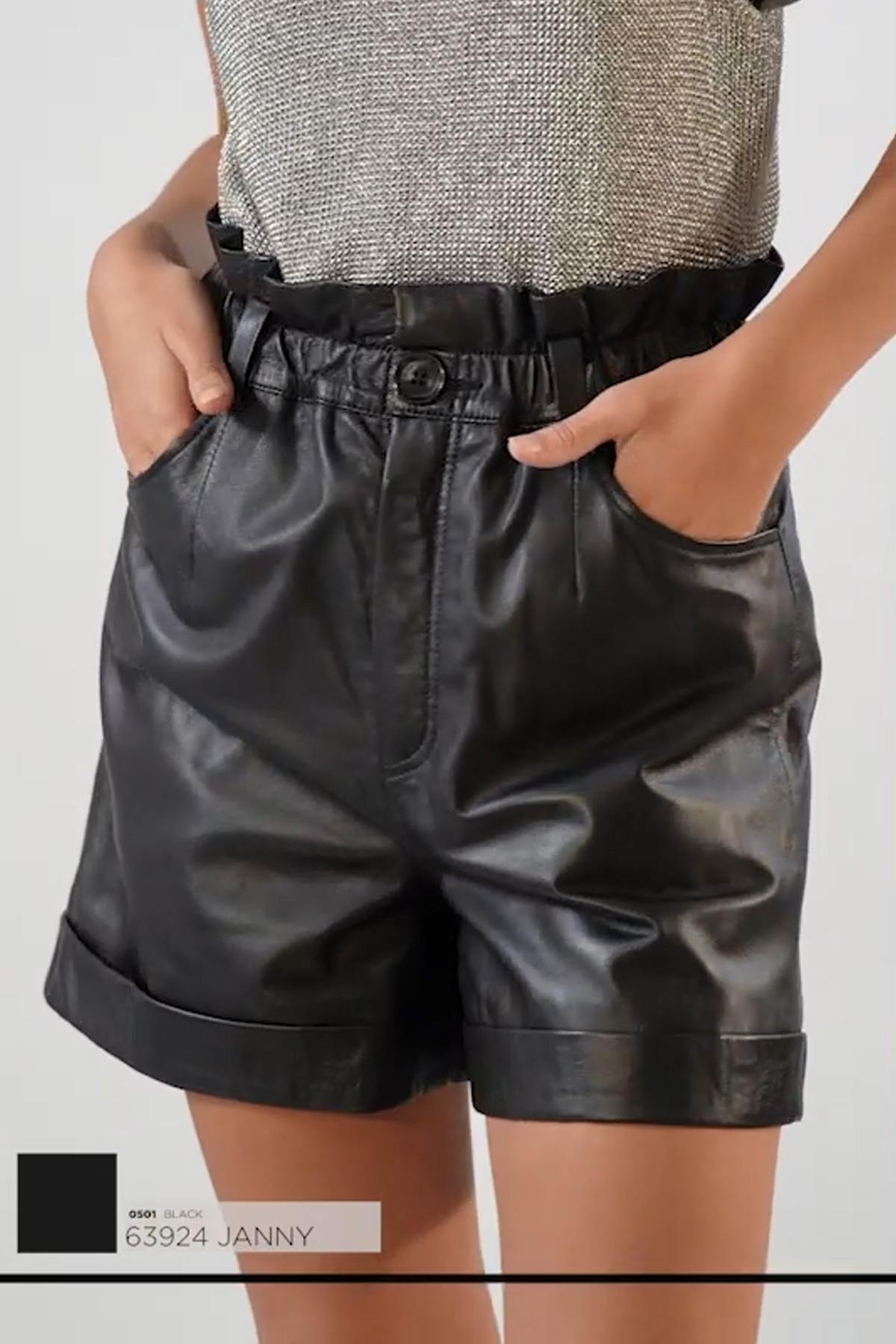 High-waisted black leather paperbag shorts - Image n°1