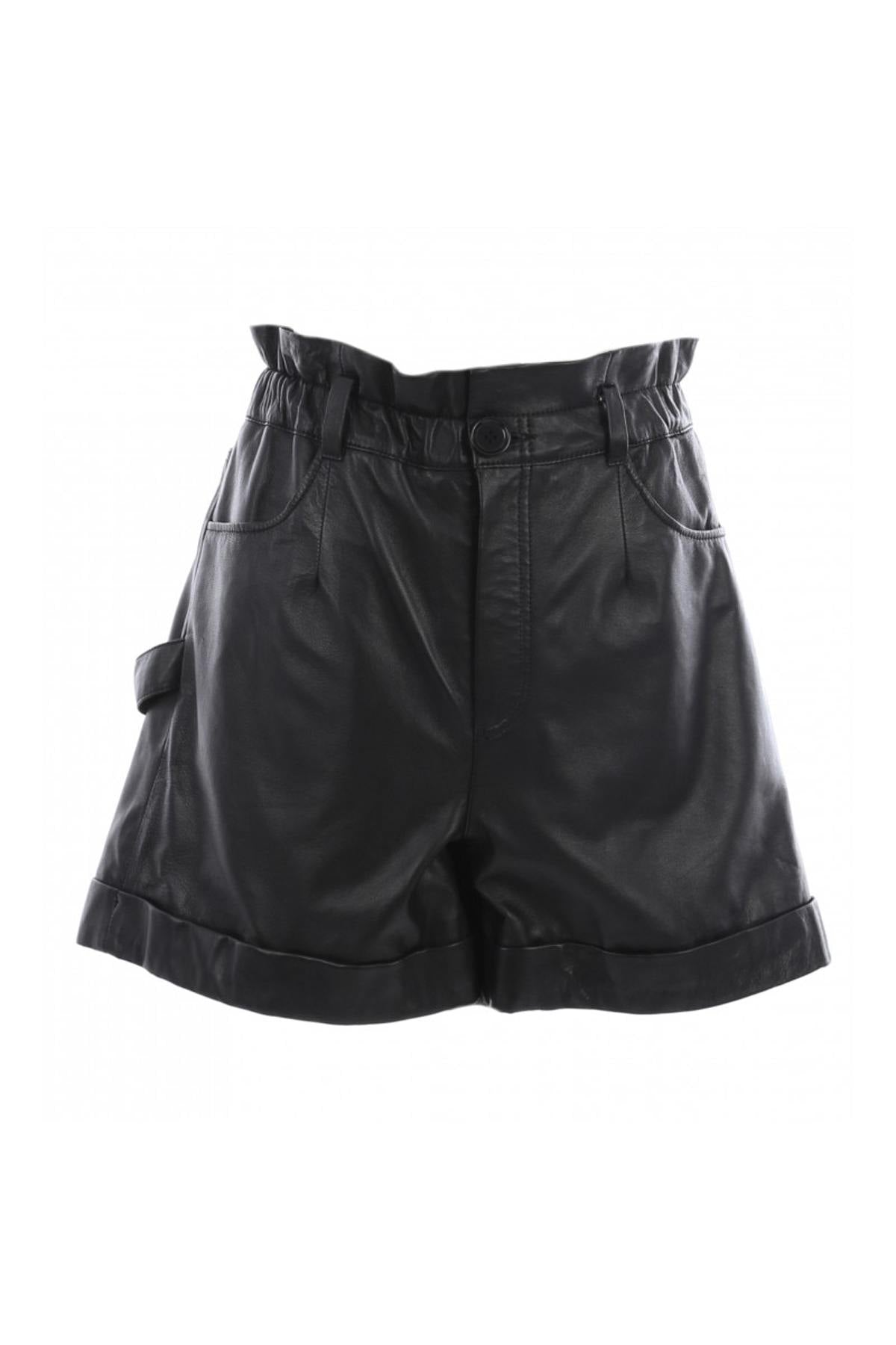 High-waisted black leather paperbag shorts - Image n°8