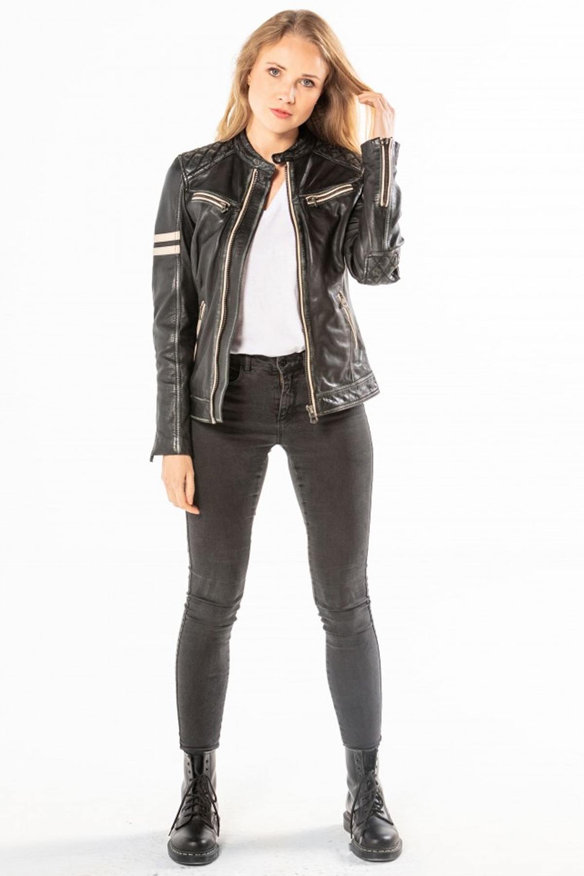 Women's sheepskin leather biker jacket - Image n°4