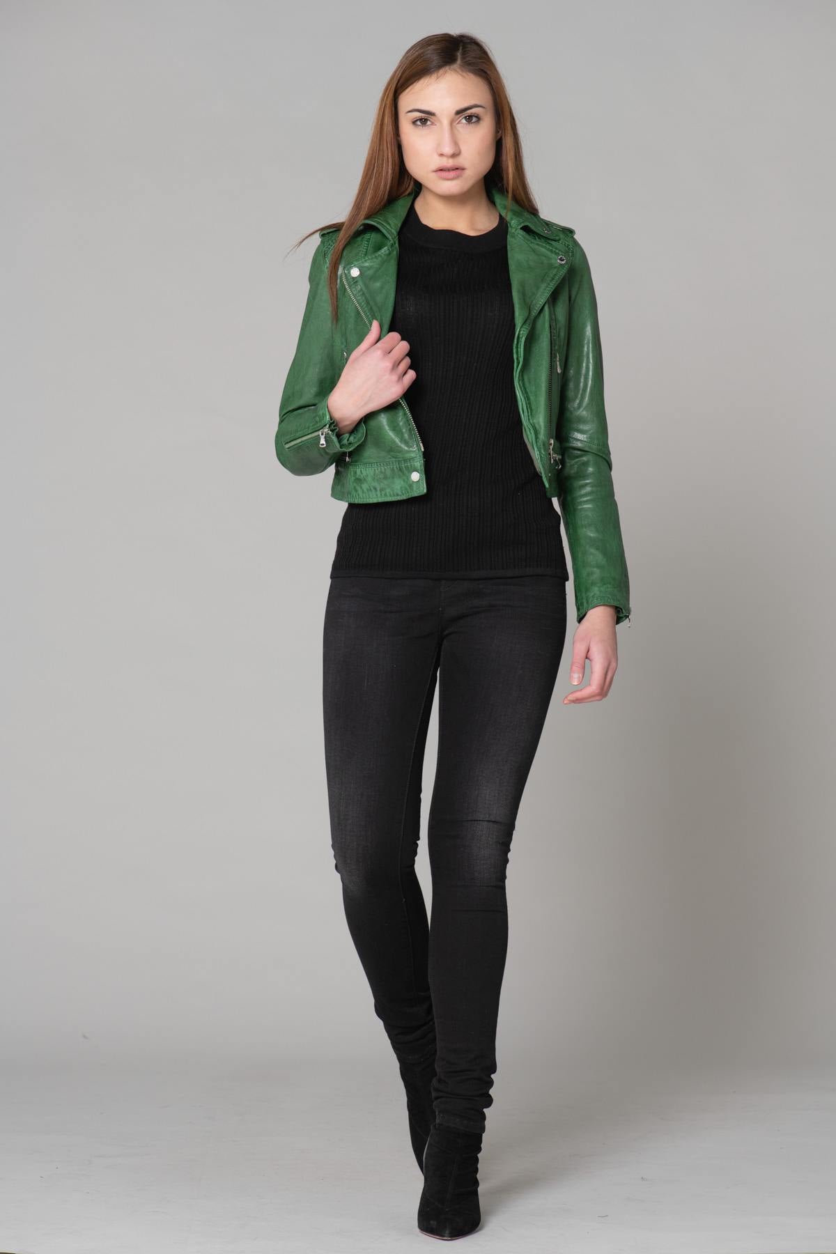 Short green leather Biker Jacket - Image n°9