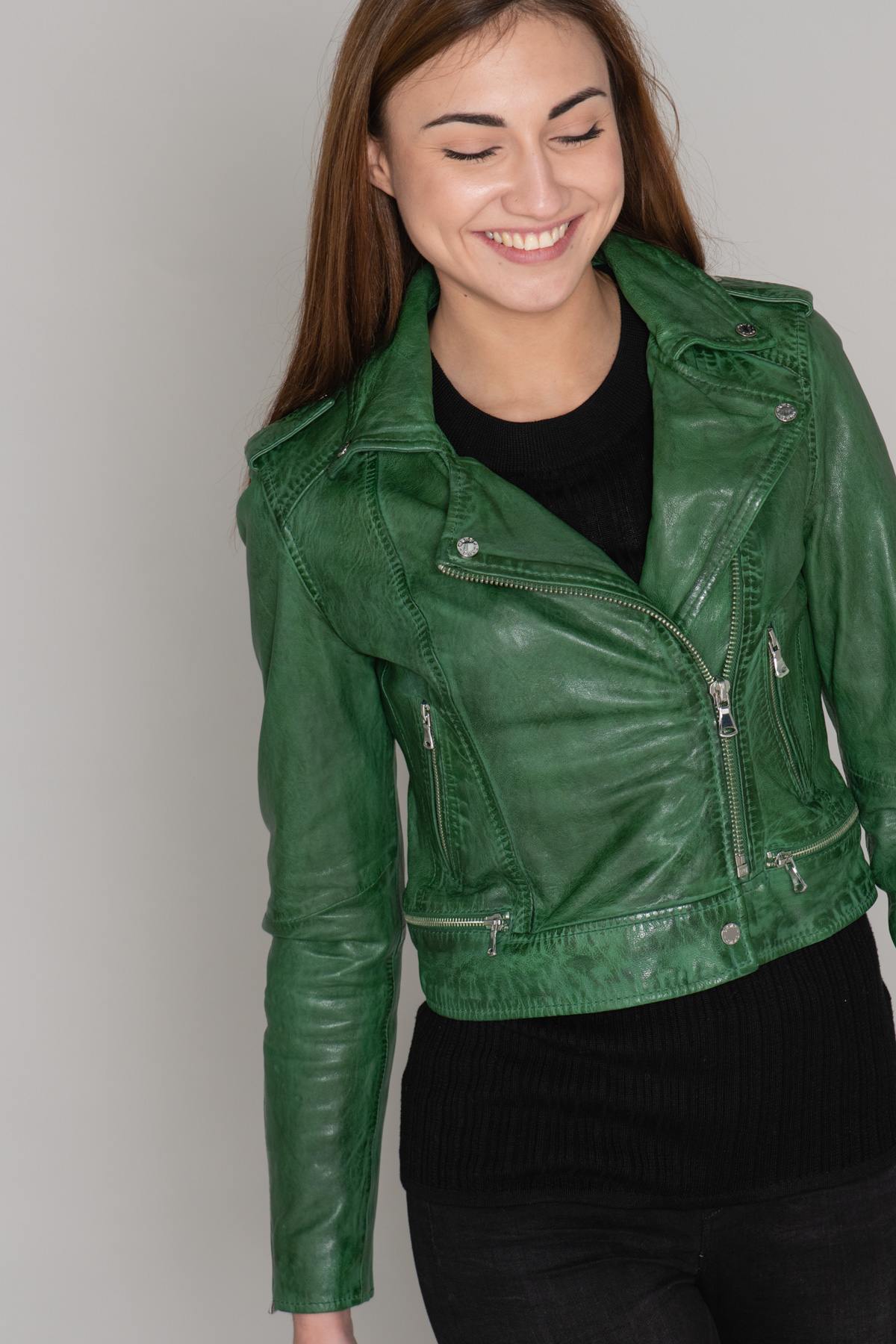 Short green leather Biker Jacket - Image n°10