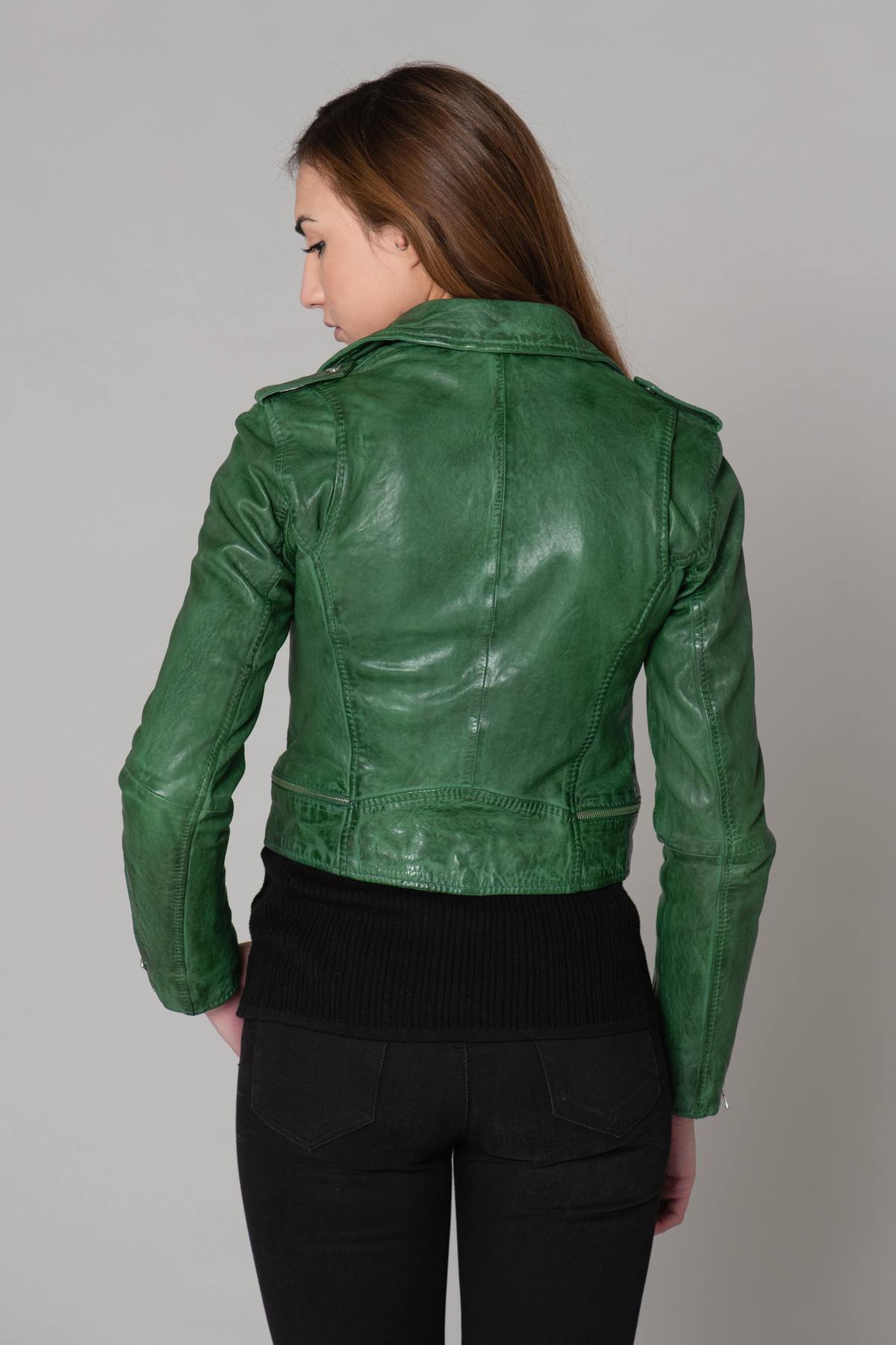 Short green leather Biker Jacket - Image n°13