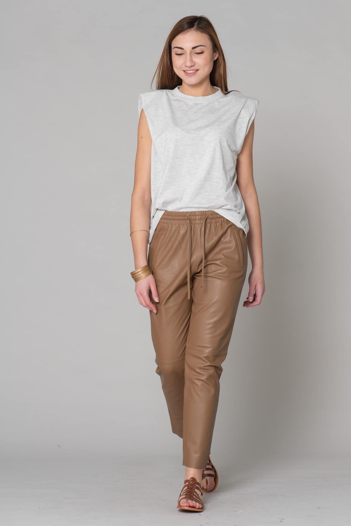 Coffee brown leather joggers - Image n°9