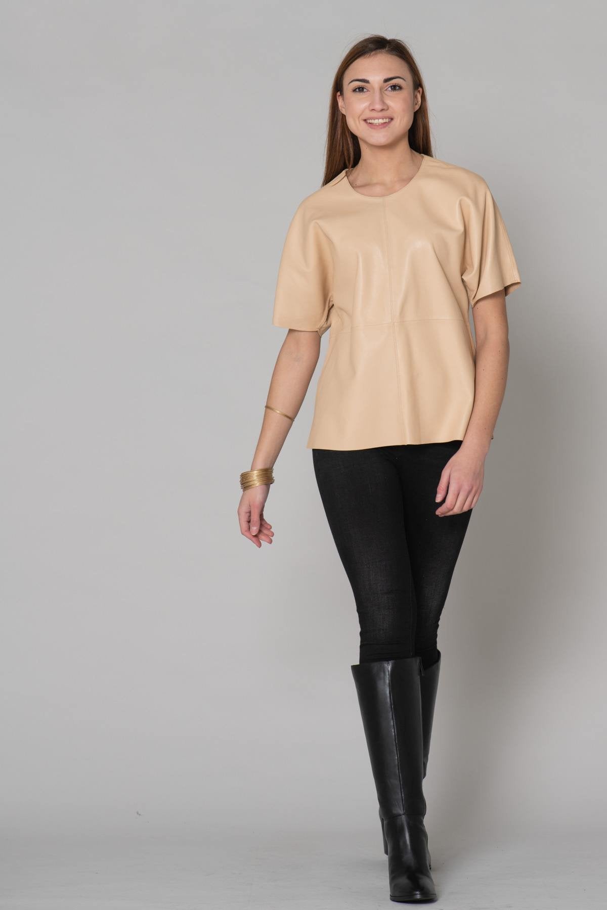 Round-neck beige leather blouse - Image n°10