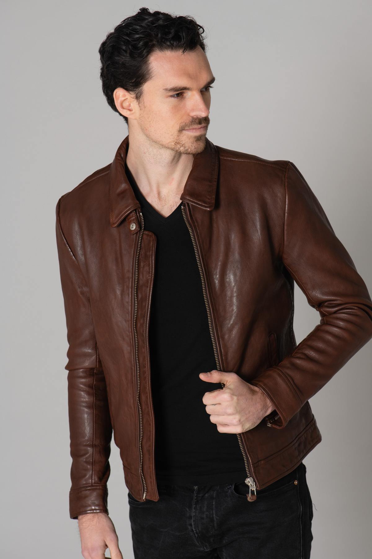 Ecofriendly brown leather jacket - Image n°11