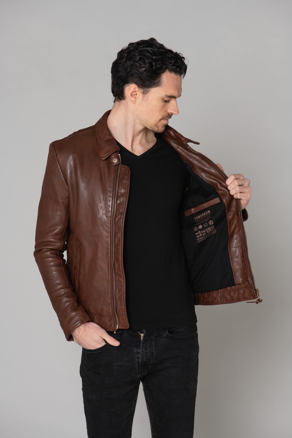 Ecofriendly brown leather jacket - Image n°16