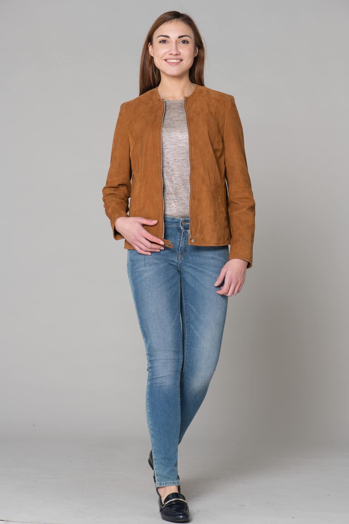 Large size jacket in cognac suede leather - Image n°10