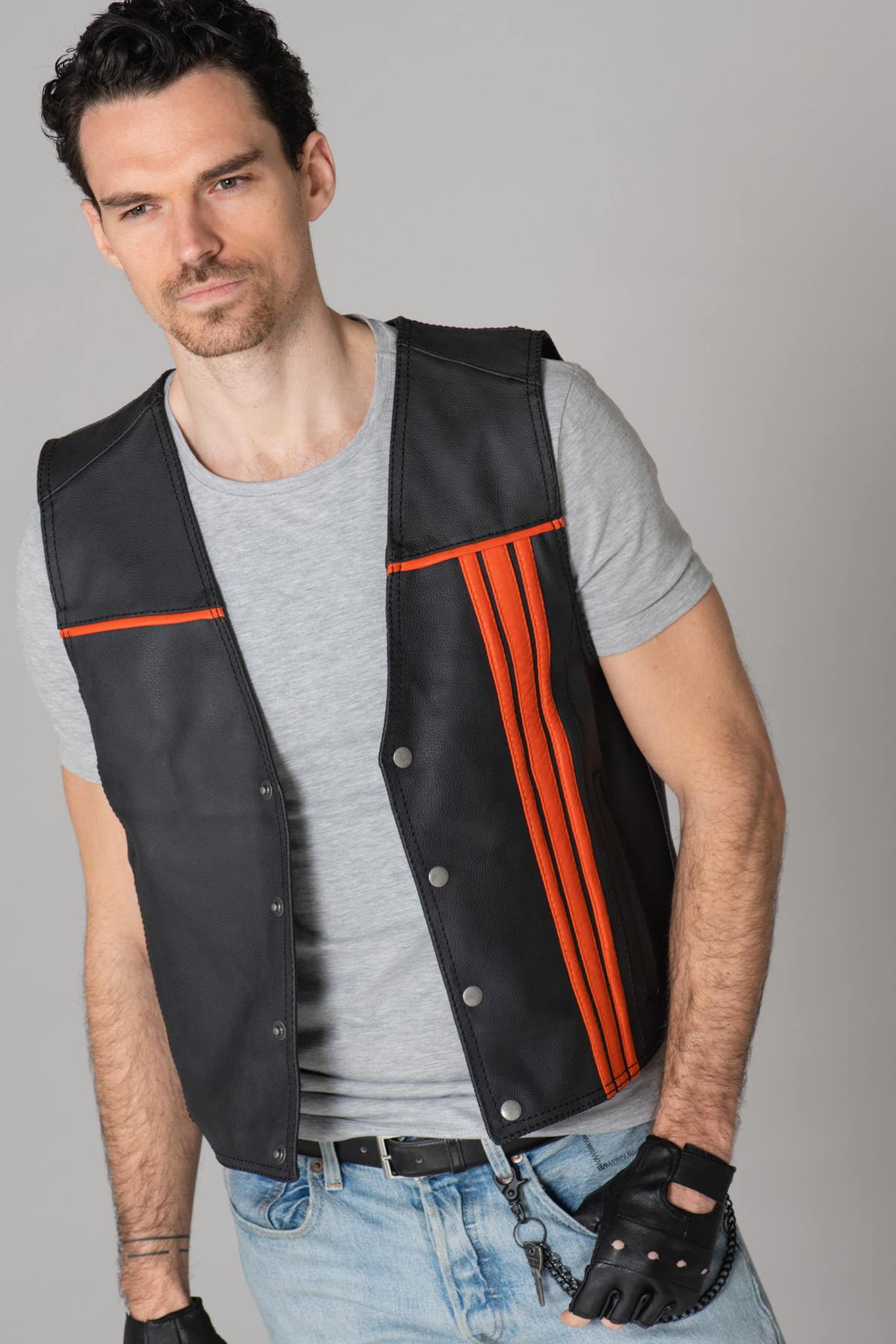 Black and orange leather biker vest - Image n°7