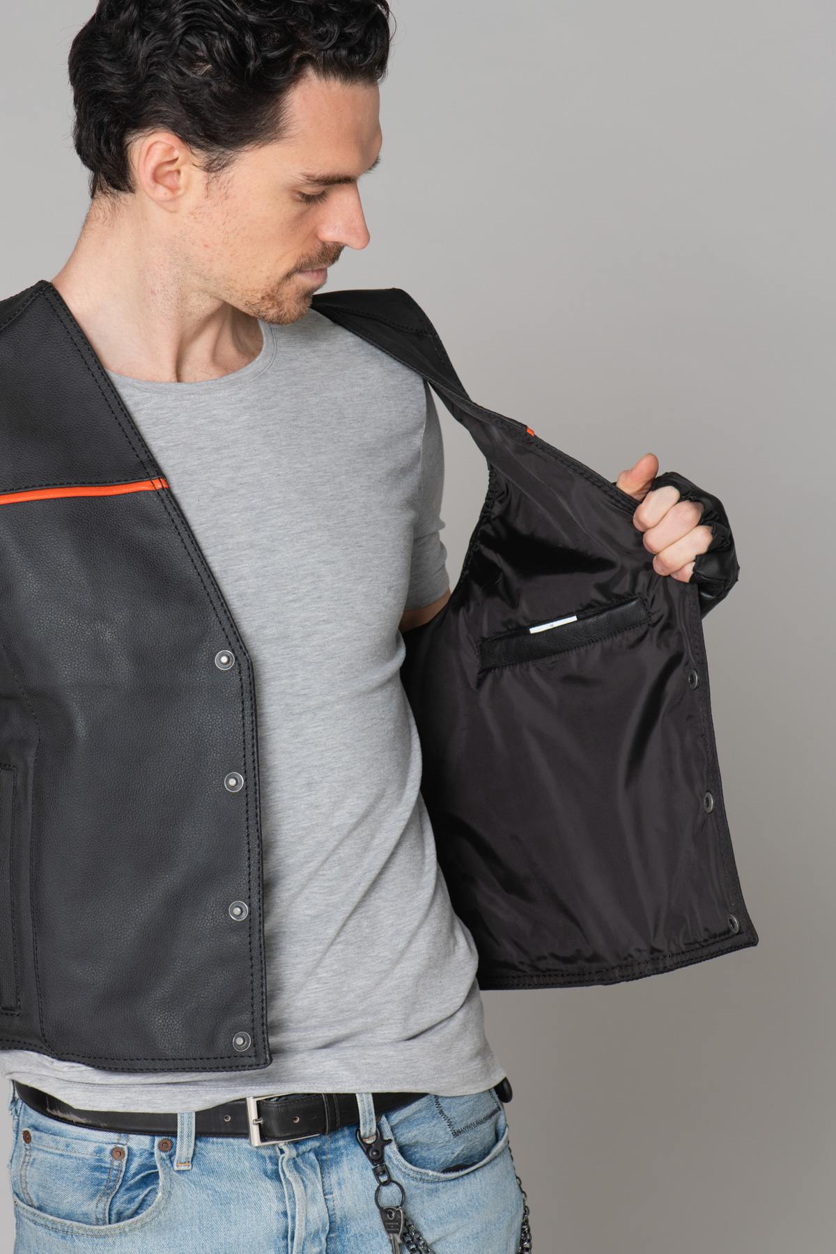 Black and orange leather biker vest - Image n°10