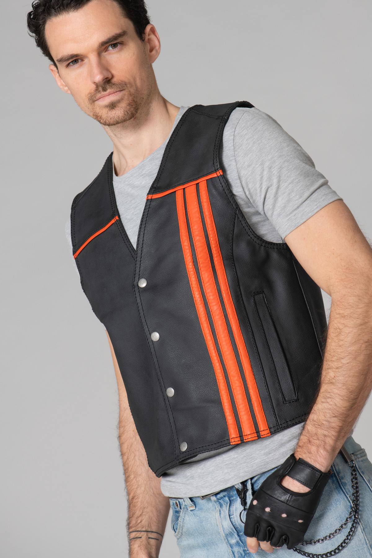 Black and orange leather biker vest - Image n°9