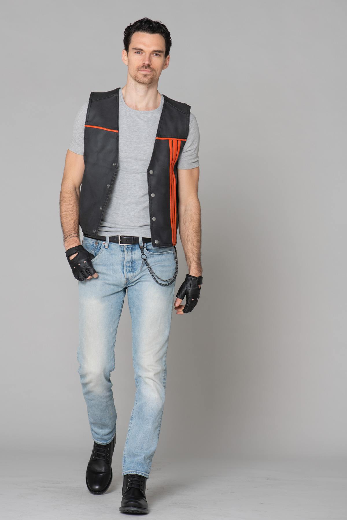 Black and orange leather biker vest - Image n°8