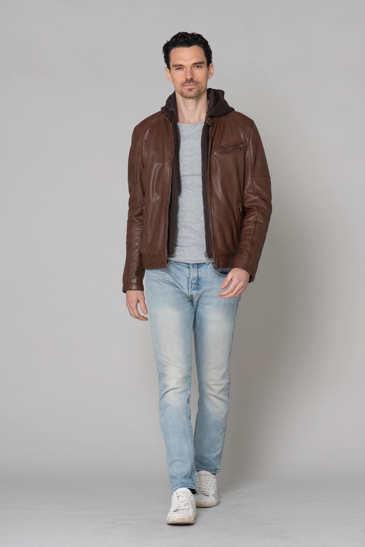 Brown leather jacket with hood - Image n°11