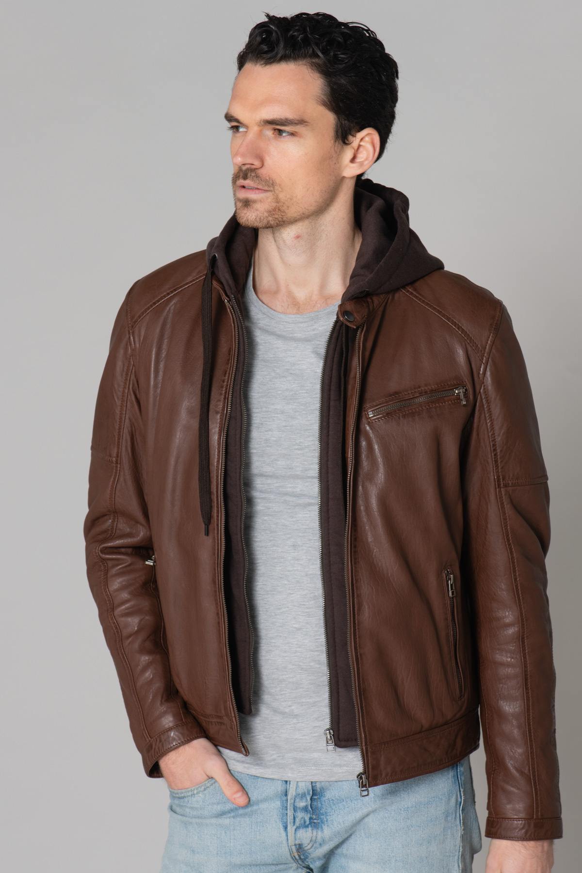 Brown leather jacket with hood - Image n°14