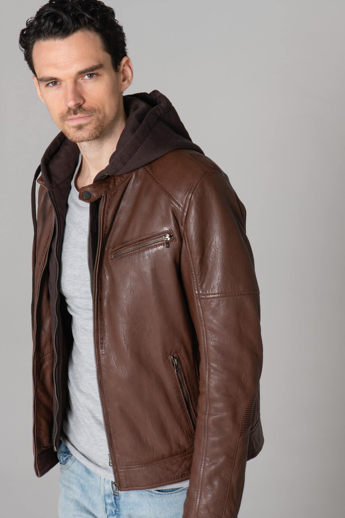 Brown leather jacket with hood - Image n°12