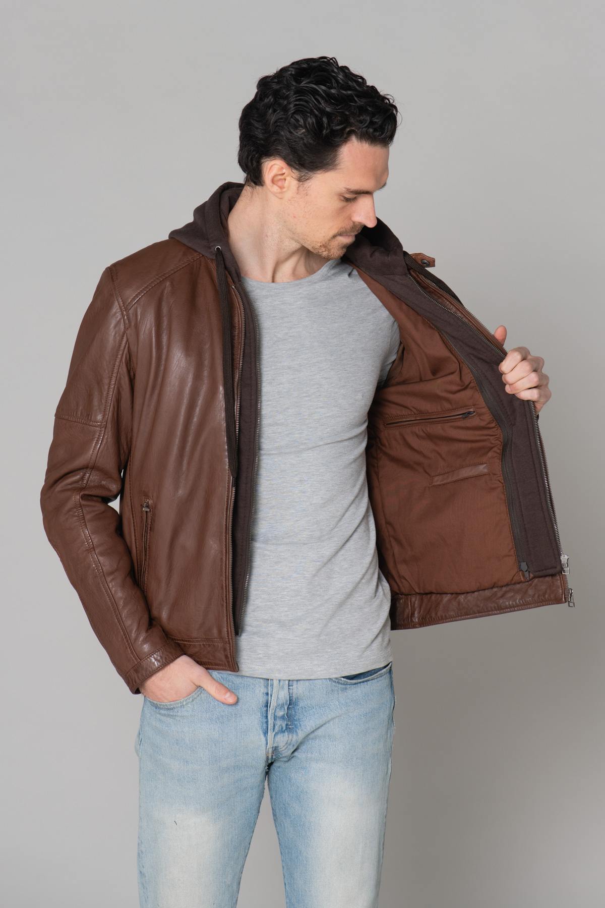 Brown leather jacket with hood - Image n°15